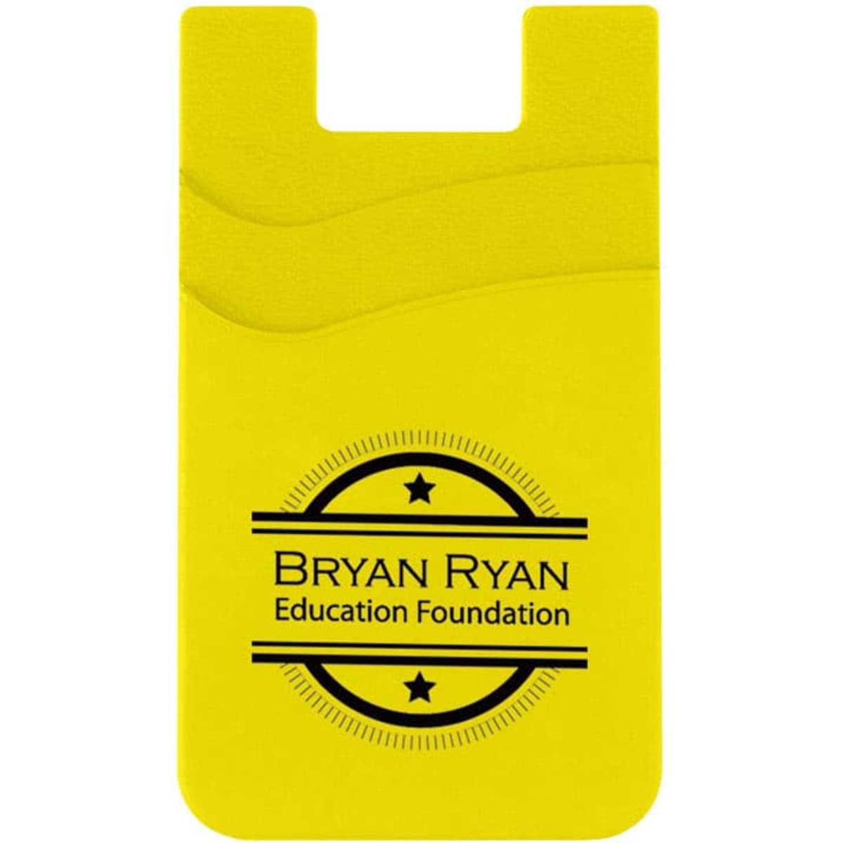 A bright yellow dual pocket silicone mobile wallet with a logo and two card slots.