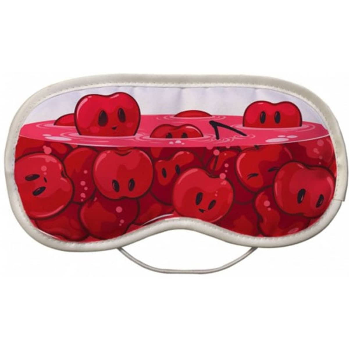 A full colour eye mask featuring a playful design of red cherries in a liquid. It has a logo on the side.