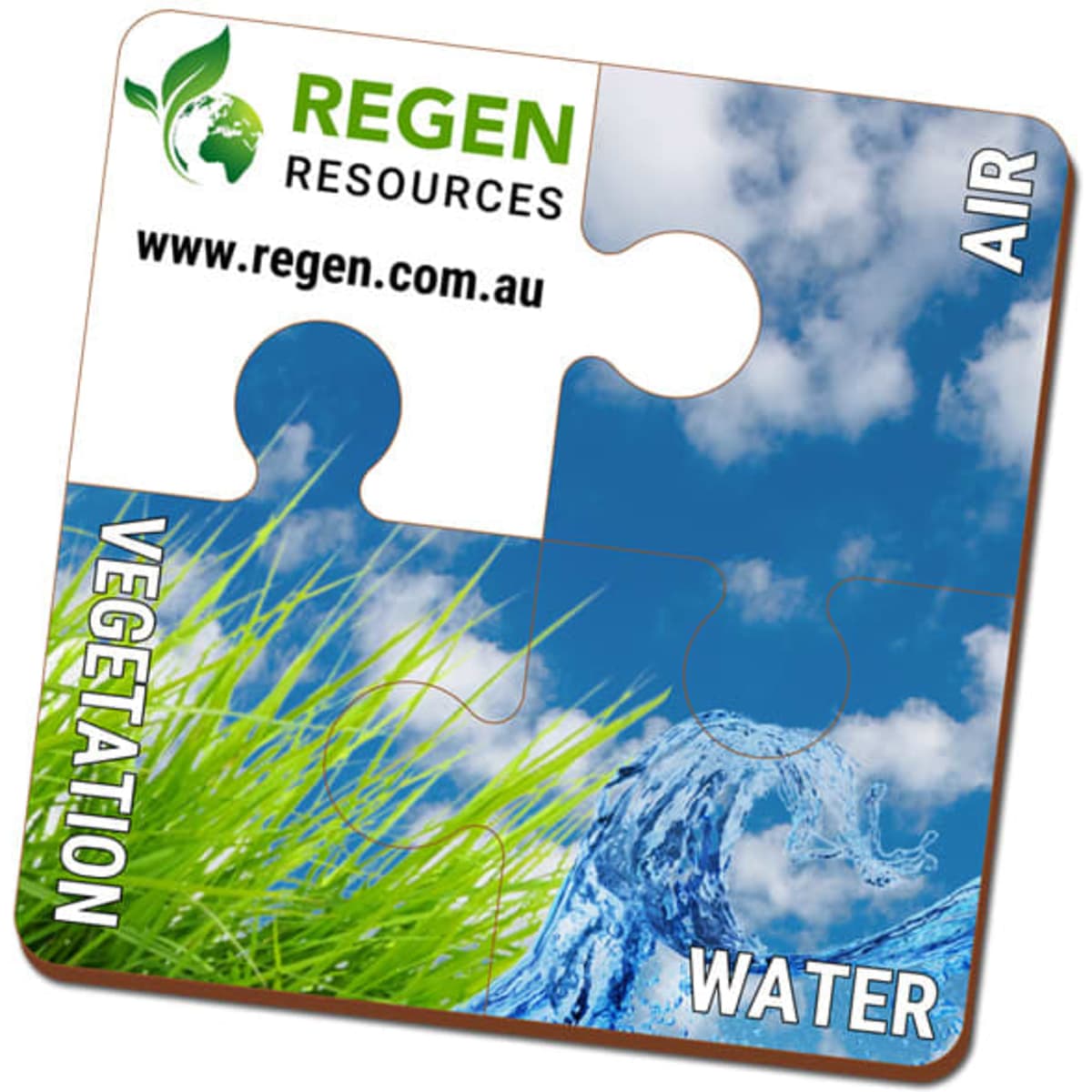A square eco-friendly MDF coaster featuring puzzle piece design in blue, green, and white, with a logo.