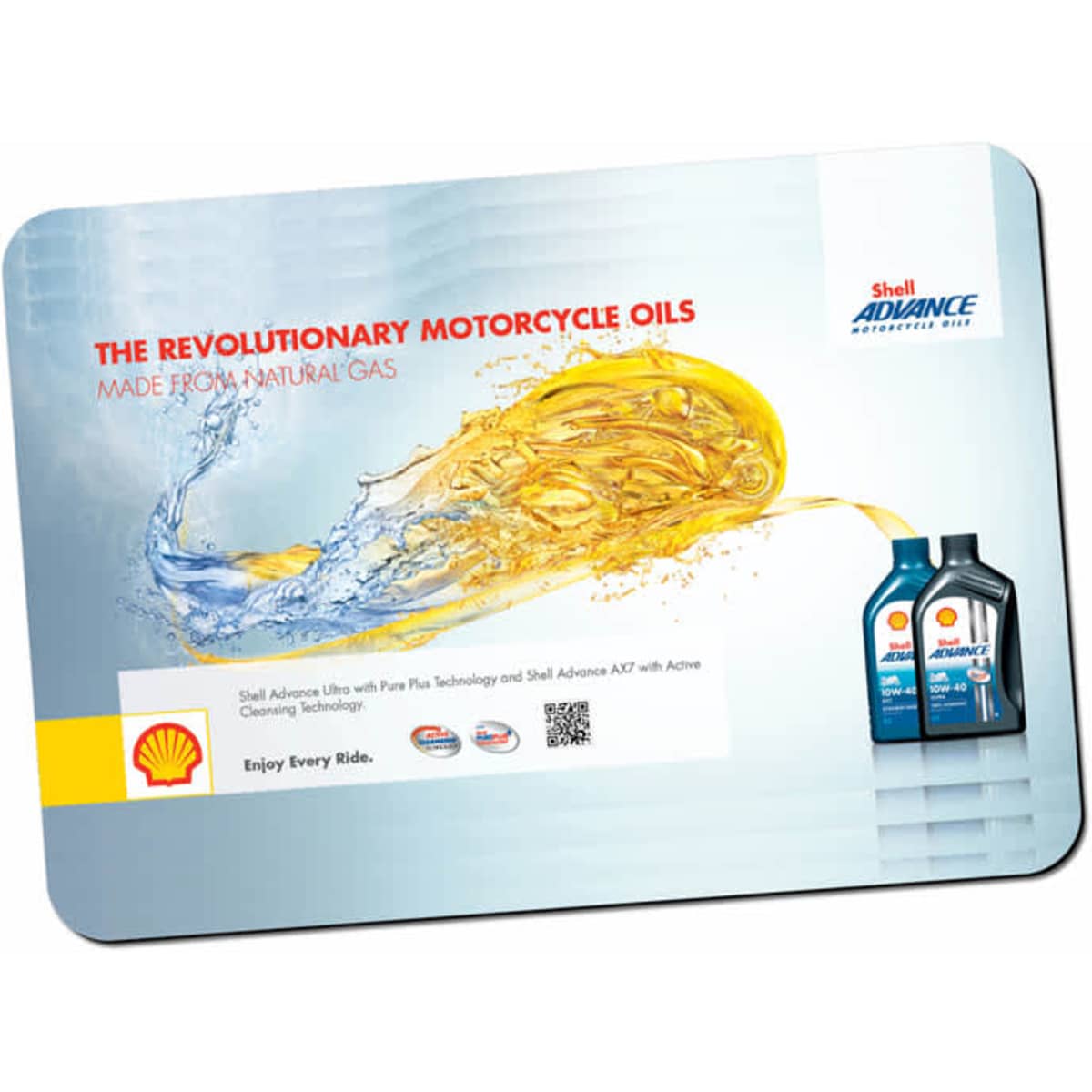 A counter mat featuring a blue and orange design, showcasing motorcycle oil products with a logo and a splash effect.