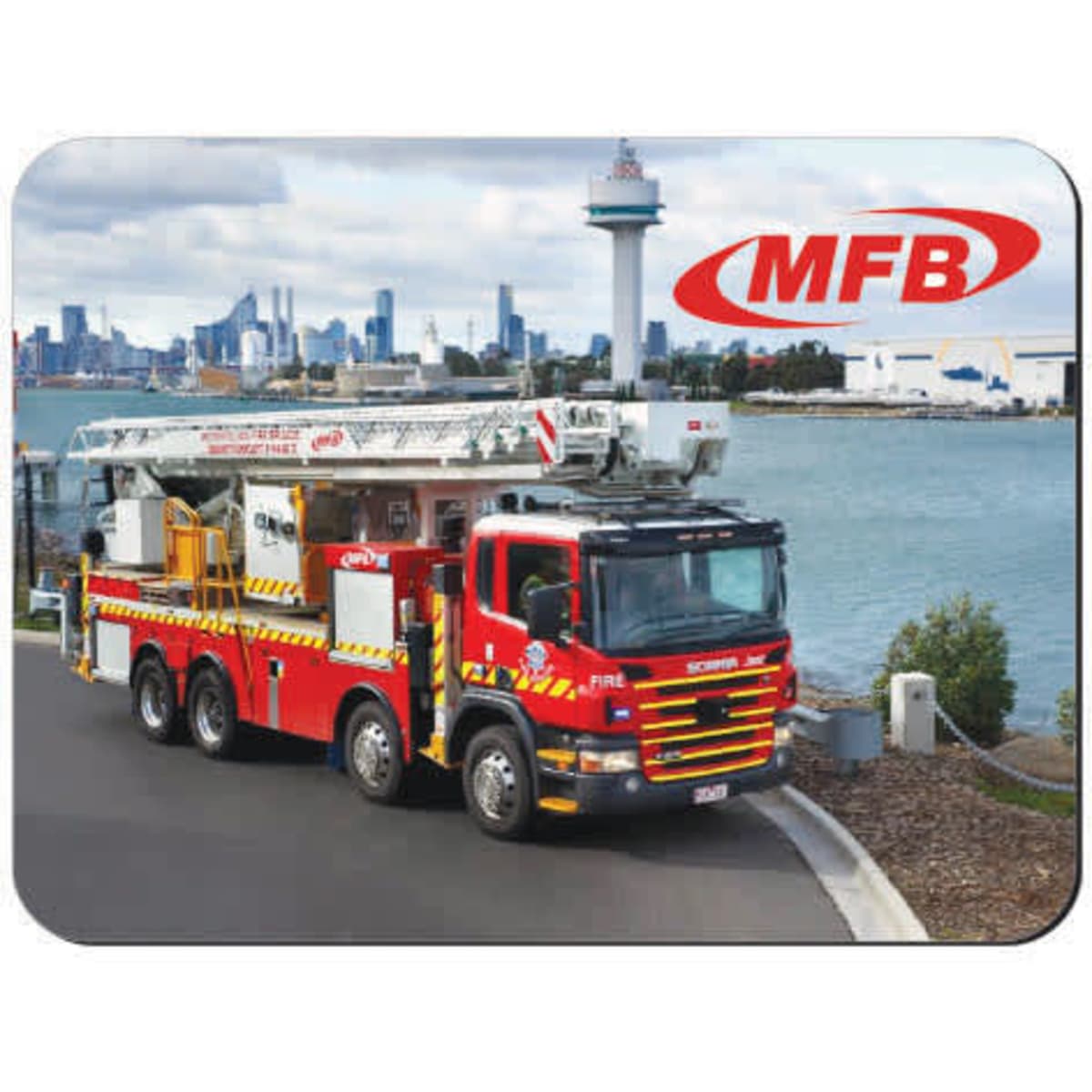 A mouse mat featuring a red fire truck parked near a waterfront with a city skyline in the background. It has a logo.