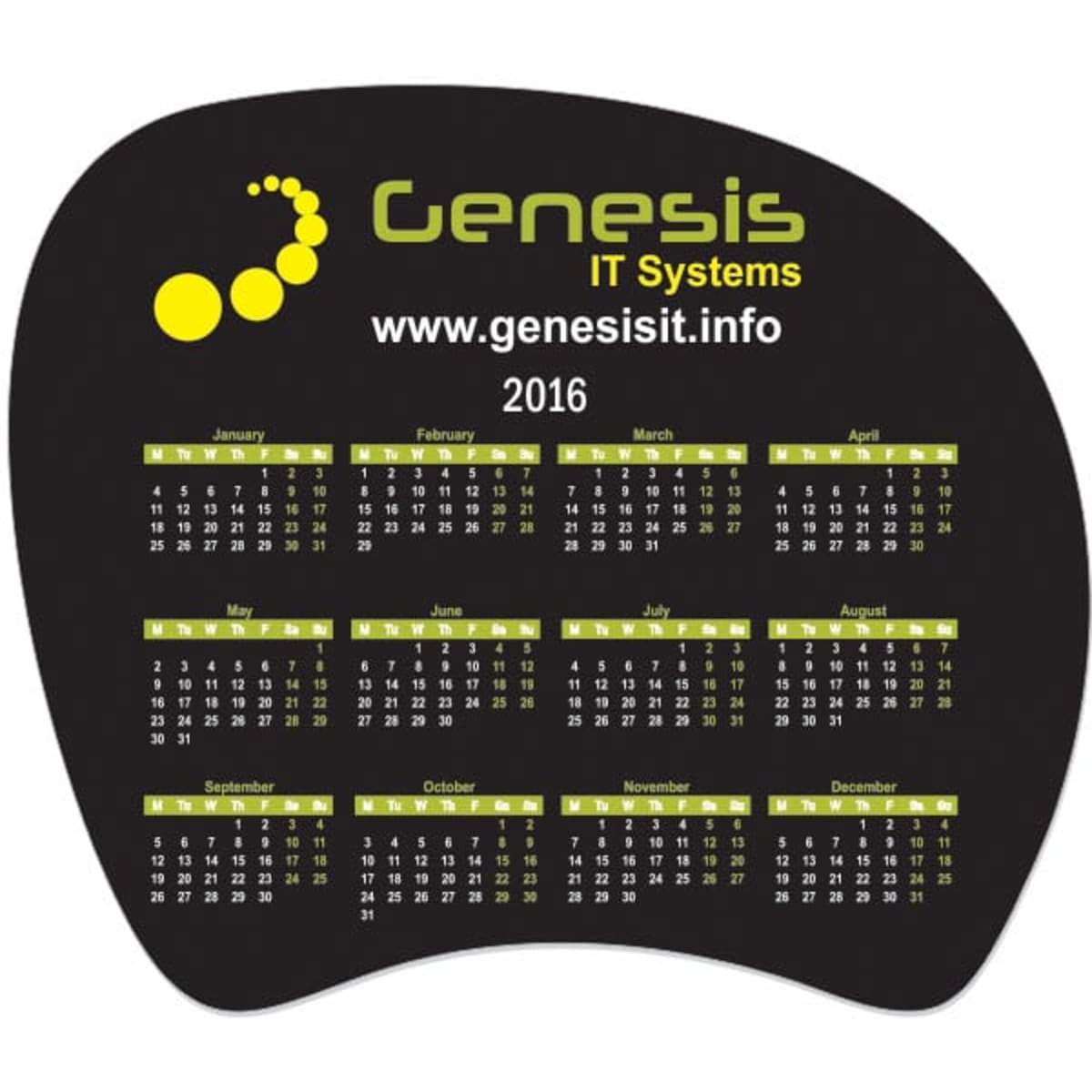 A black counter mat featuring a calendar layout with yellow accents and a logo.