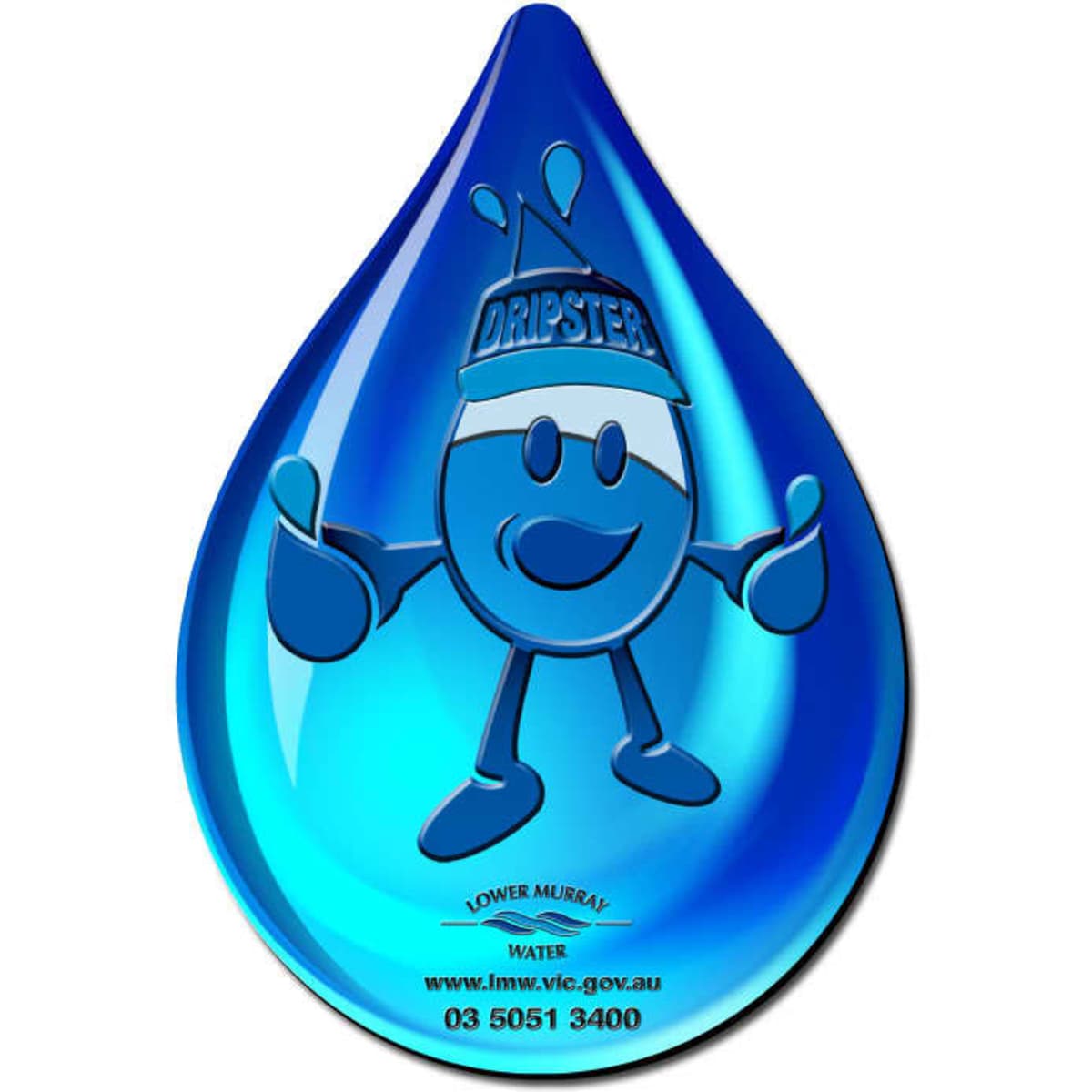 A blue, teardrop-shaped mat featuring a cartoon character with a hat, holding thumbs up, and a logo.