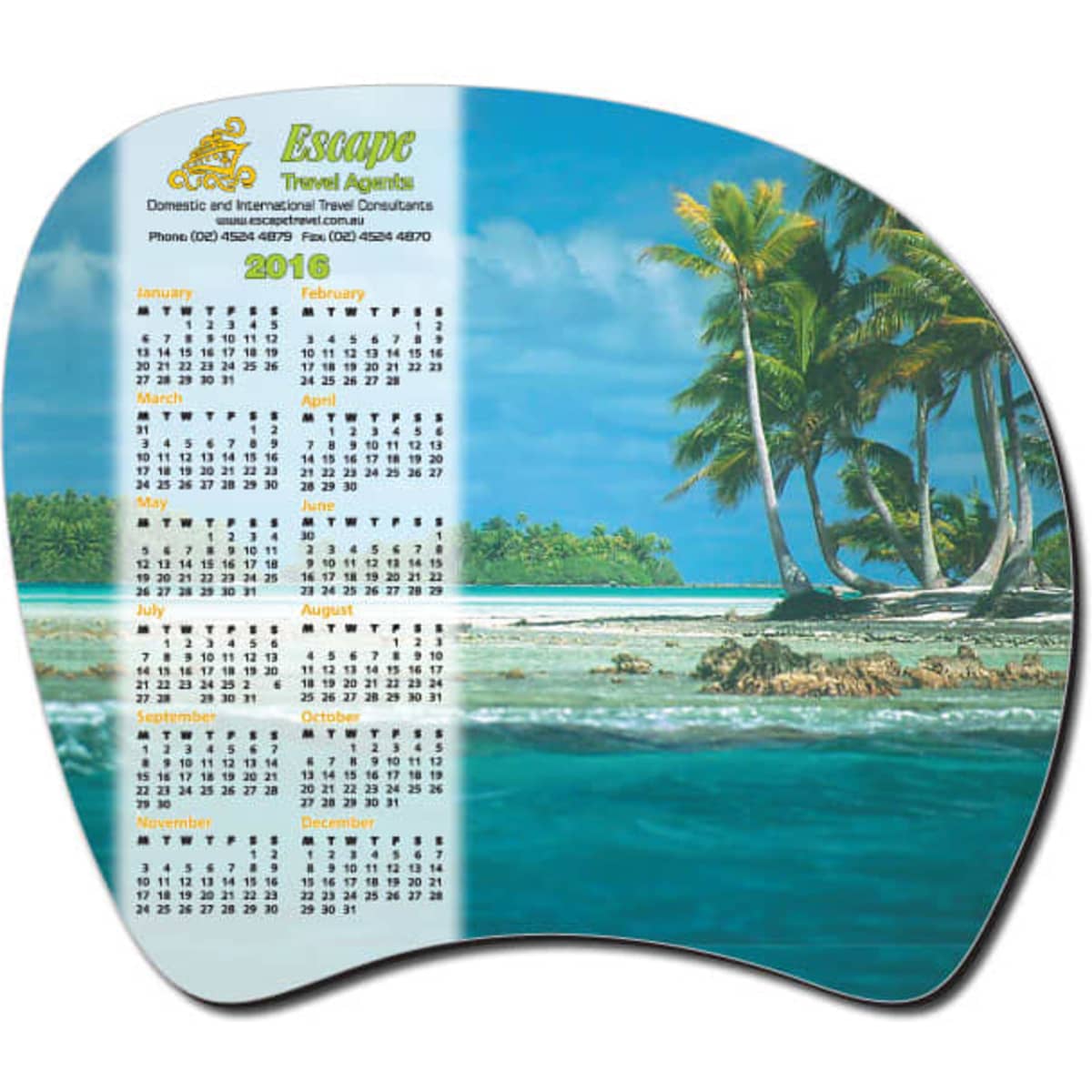 A promotional calendar mat featuring a beautiful tropical beach scene with palm trees, in vibrant colours.