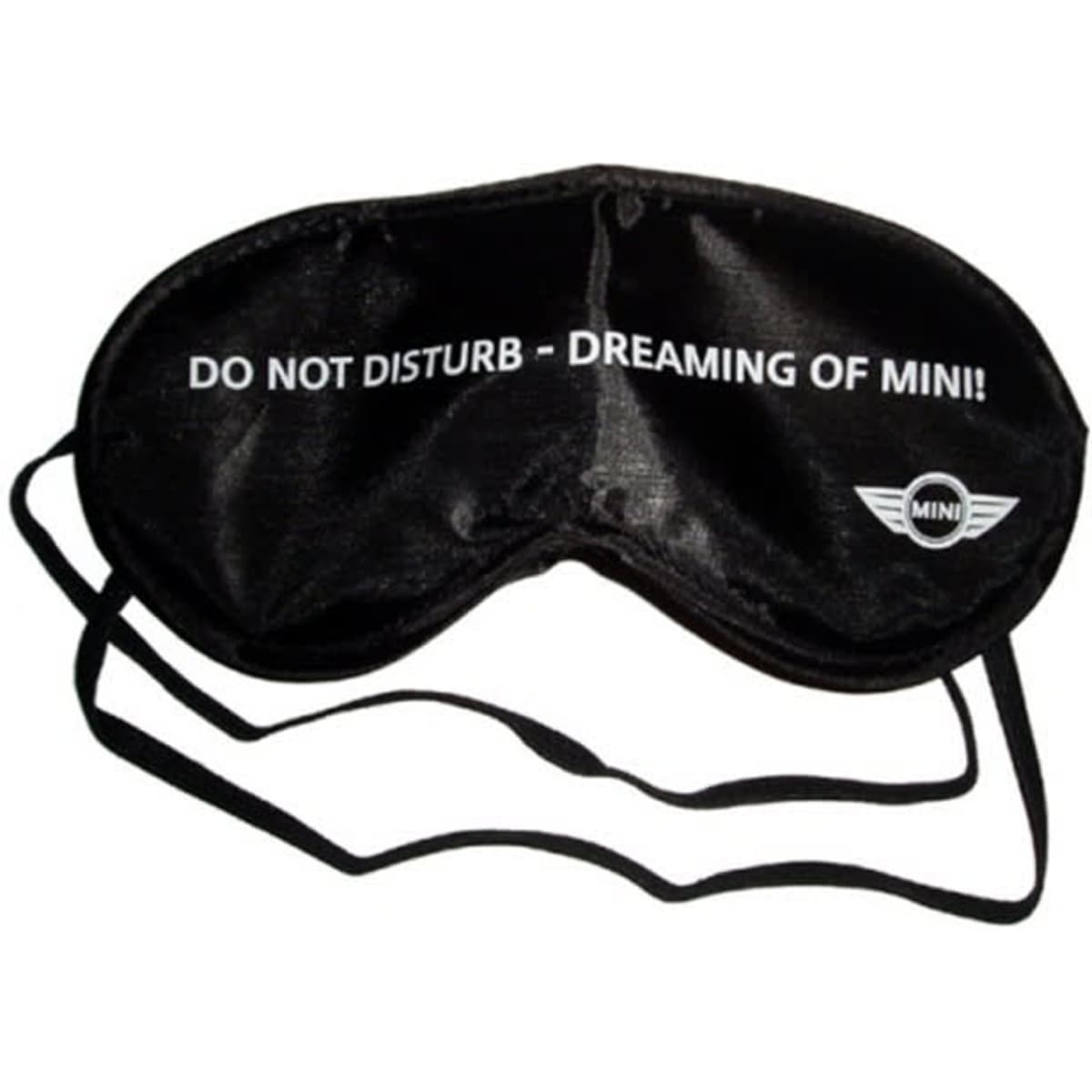 A black eye mask with a strap, featuring text and a logo on the front.