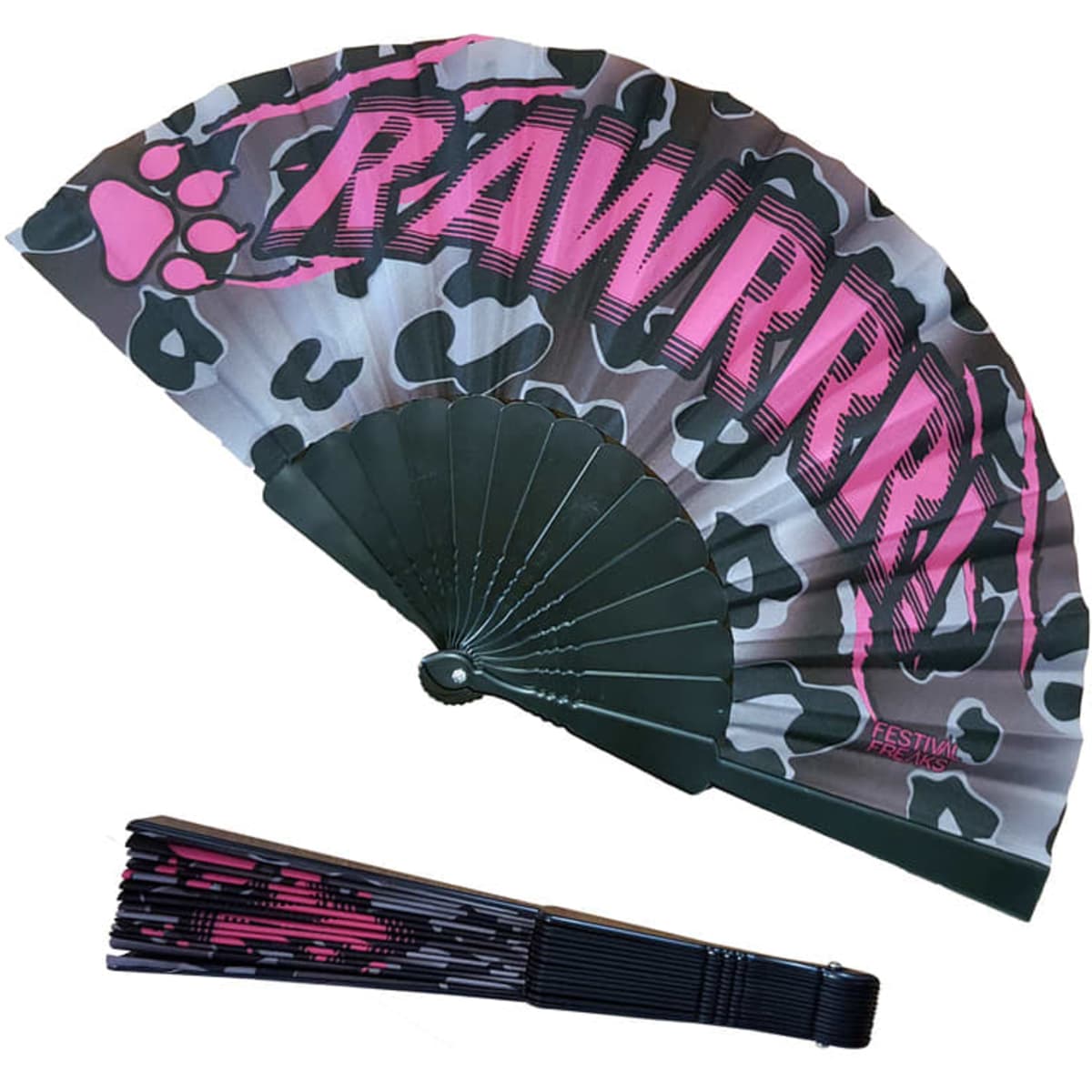 A fabric hand fan featuring a leopard print design in pink and grey with a black handle, accompanied by a matching storage sleeve.