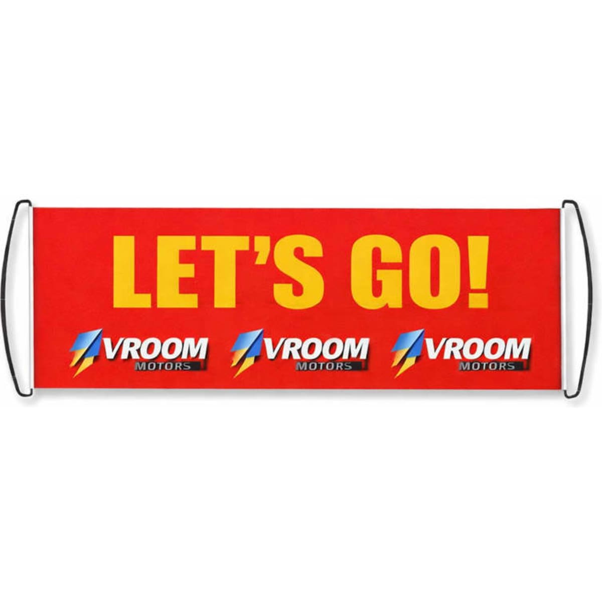 A red fan banner featuring large yellow text and multiple logos, with a vibrant design promoting enthusiasm.