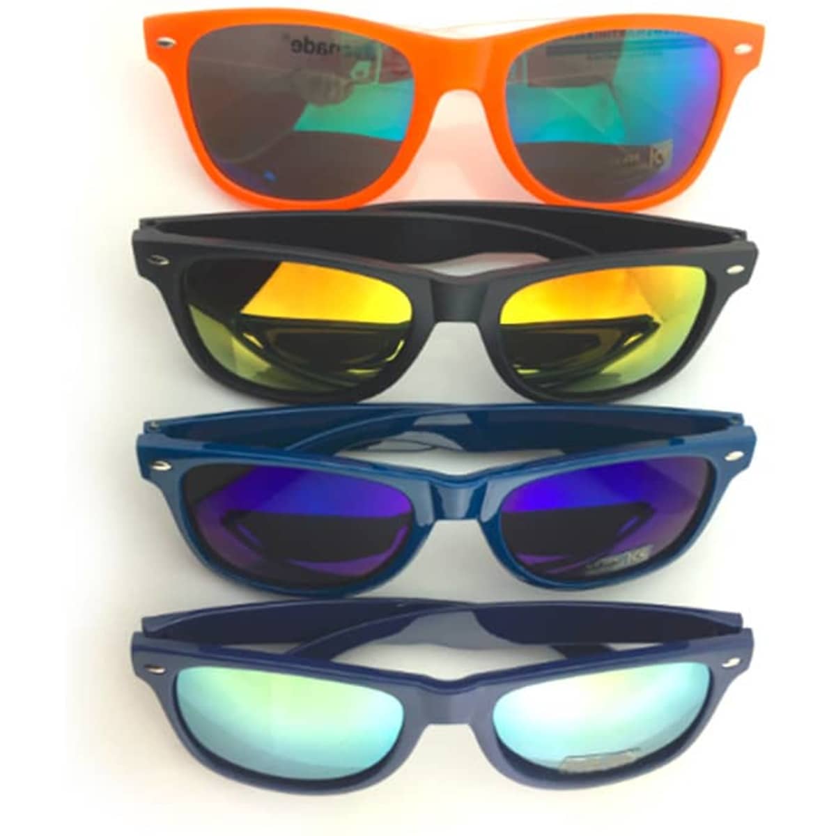Four sets of fashion sunglasses with reflective lenses, featuring orange, black, dark blue, and navy frames.