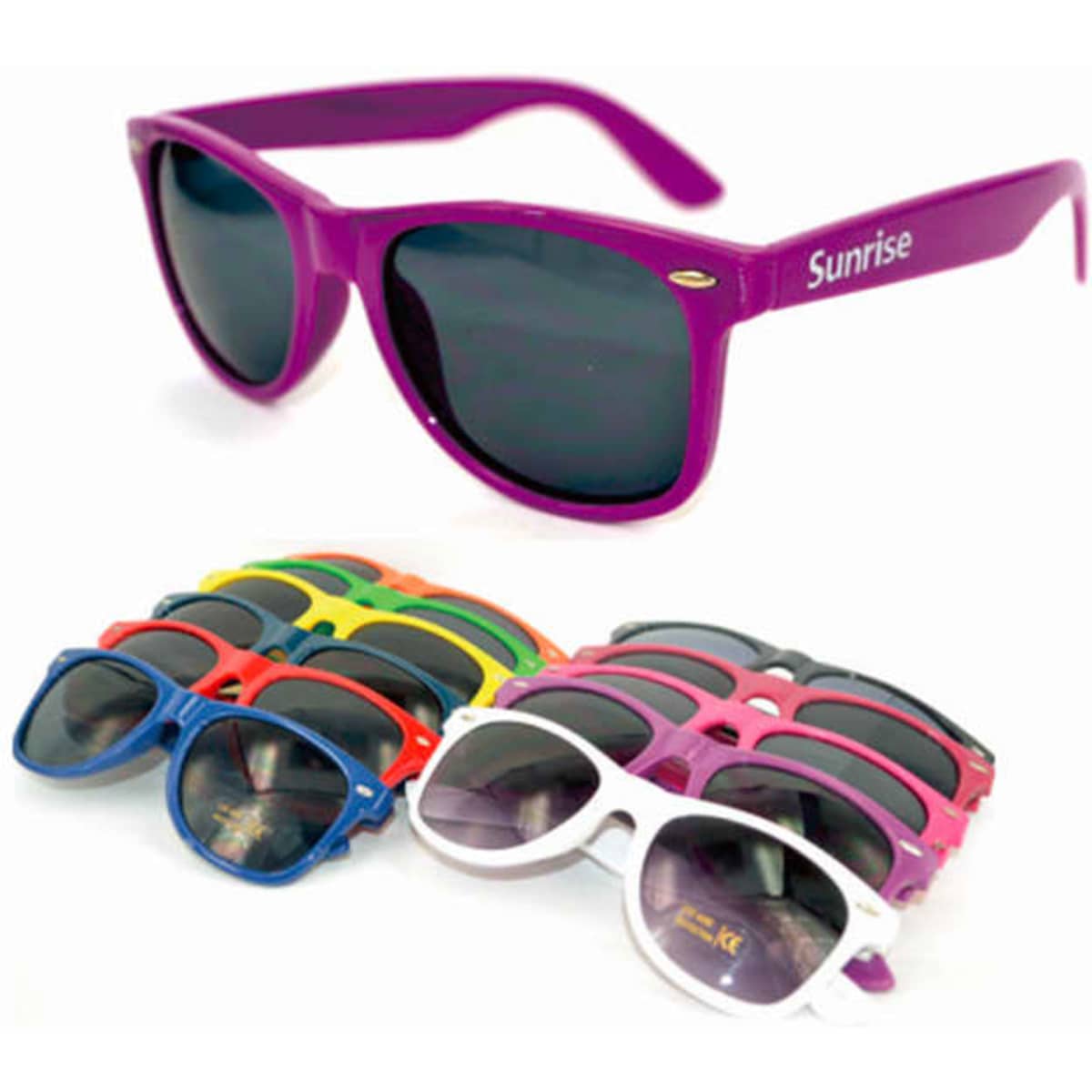 Fashion sunglasses in various colours, including purple, red, green, and blue, arranged in a stack with one pair prominently displayed.