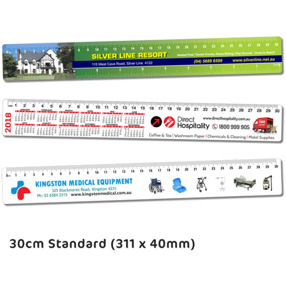 Flat plastic rulers in green, red, and white, featuring various branding and measurements, 30 cm in length.