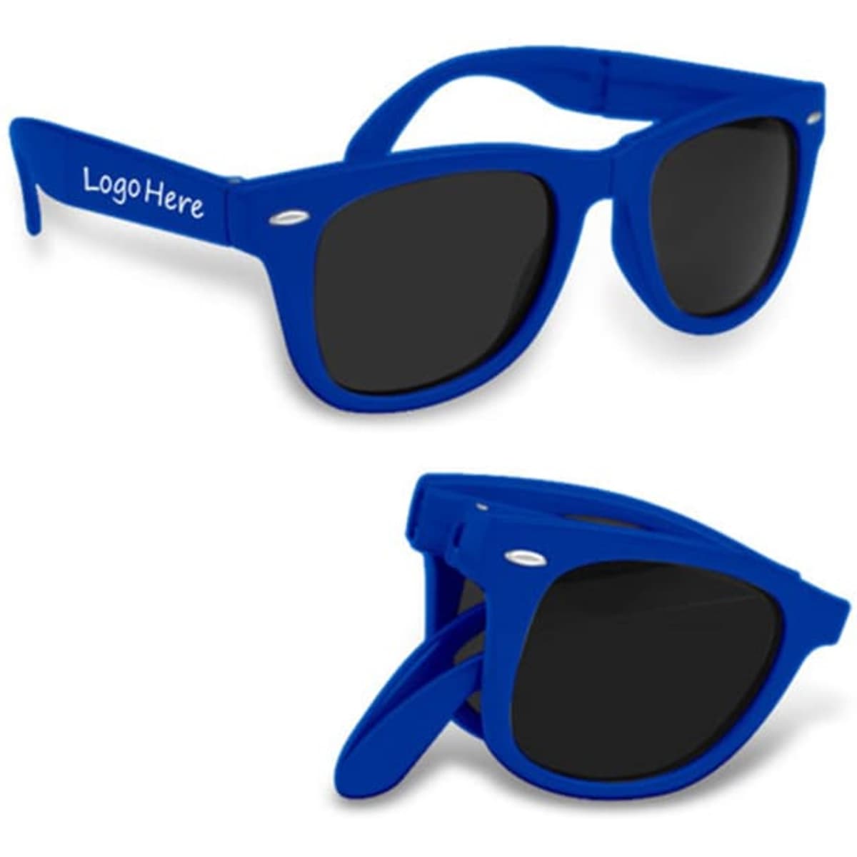Foldable fashion sunglasses in vibrant blue with dark lenses and a logo on the side.