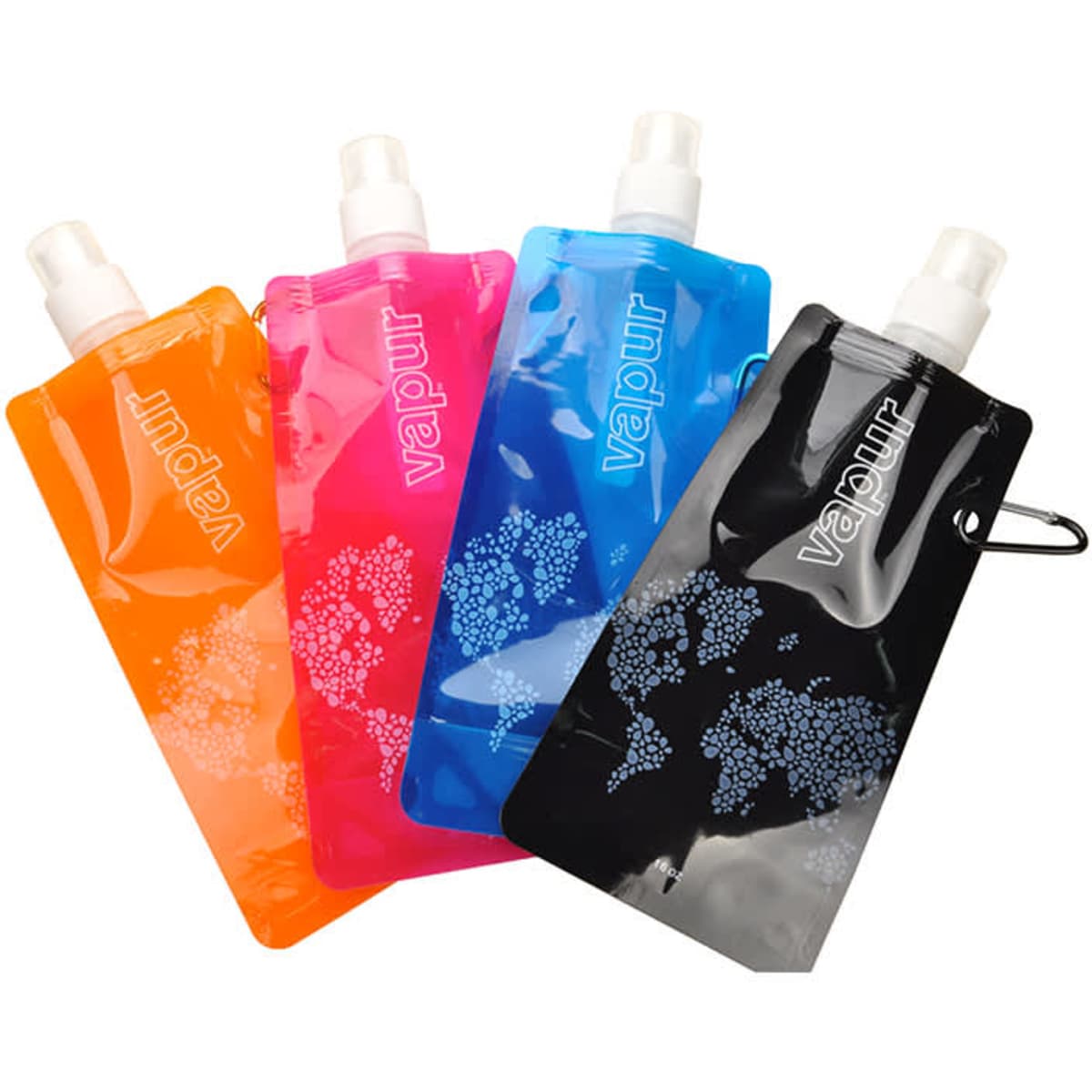 A drink bottle collection featuring orange, pink, black, and blue folding water bottles with a logo.