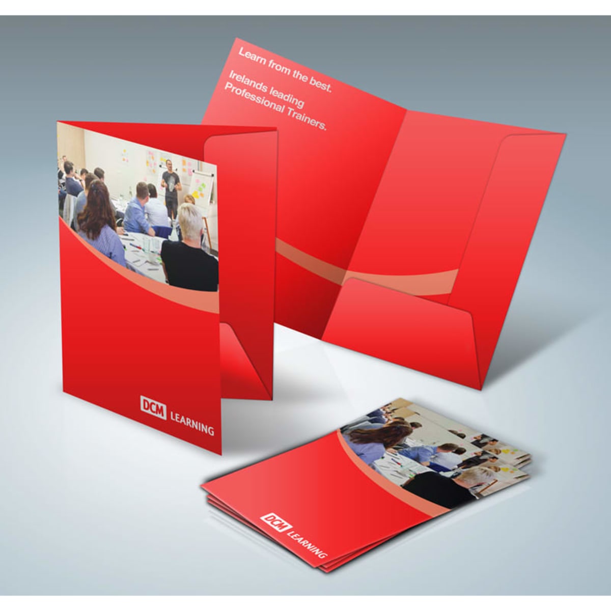 Red A4 presentation folders with a logo, featuring an open design and a matching business card.
