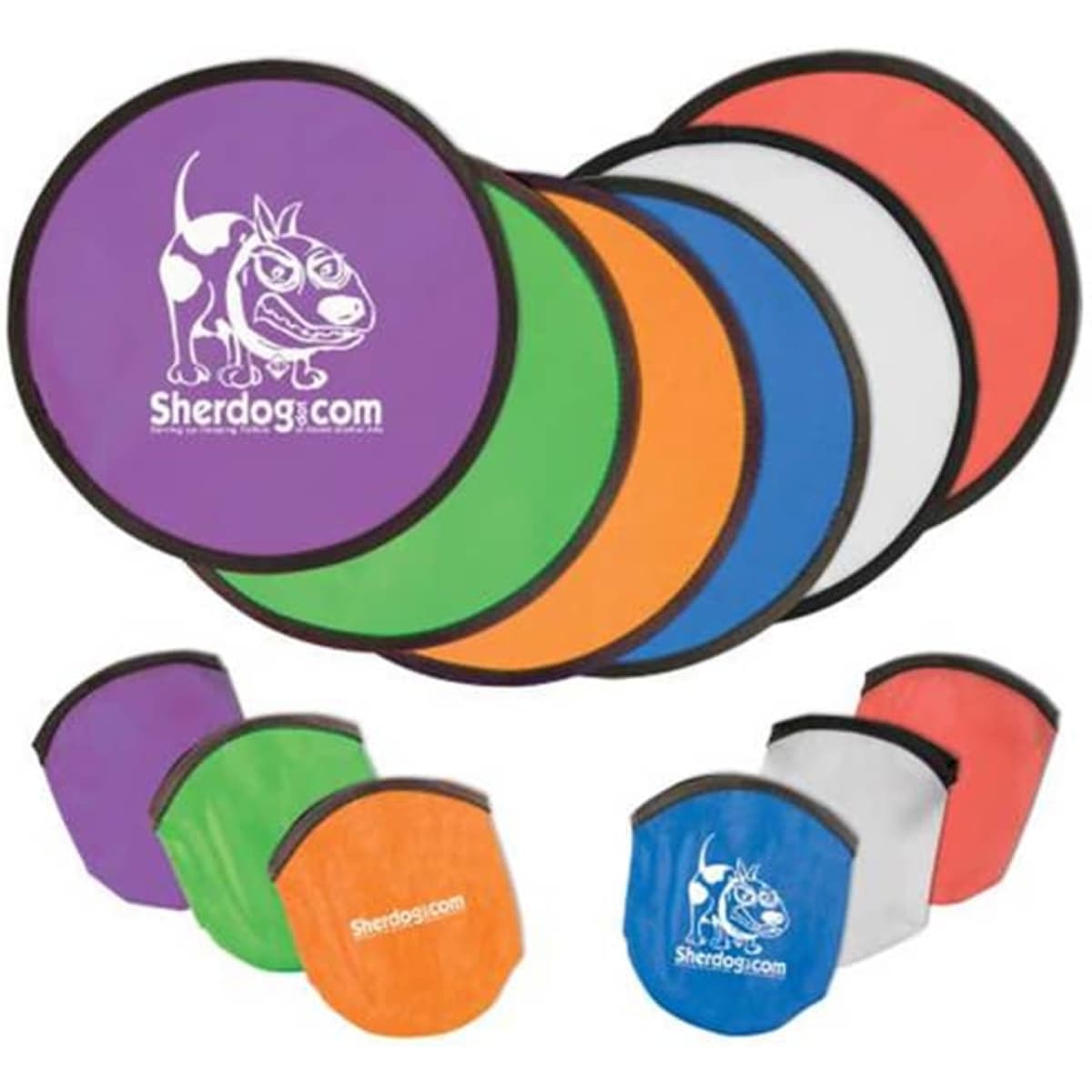 A set of folding frisbees in various colours including green, orange, red, white, and blue, each with branding.
