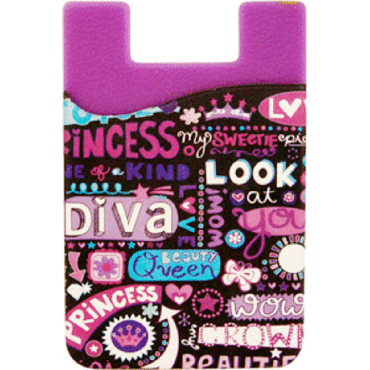 A purple silicone mobile wallet with colourful text and designs, featuring various playful graphics and a logo.
