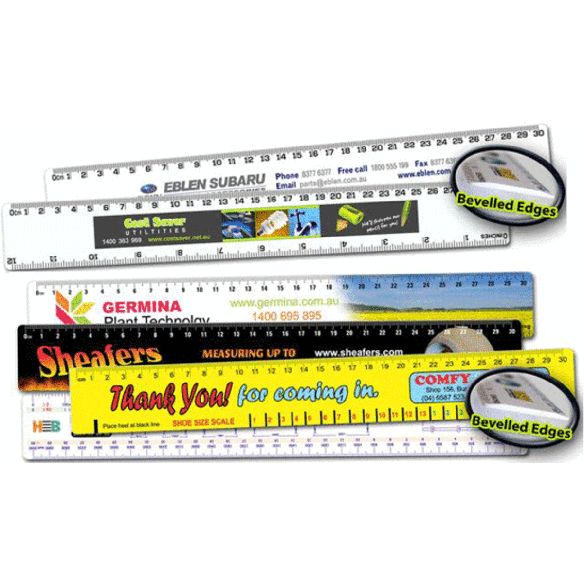 A set of three 30cm molded rulers in various colours, featuring bevelled edges and different branding.