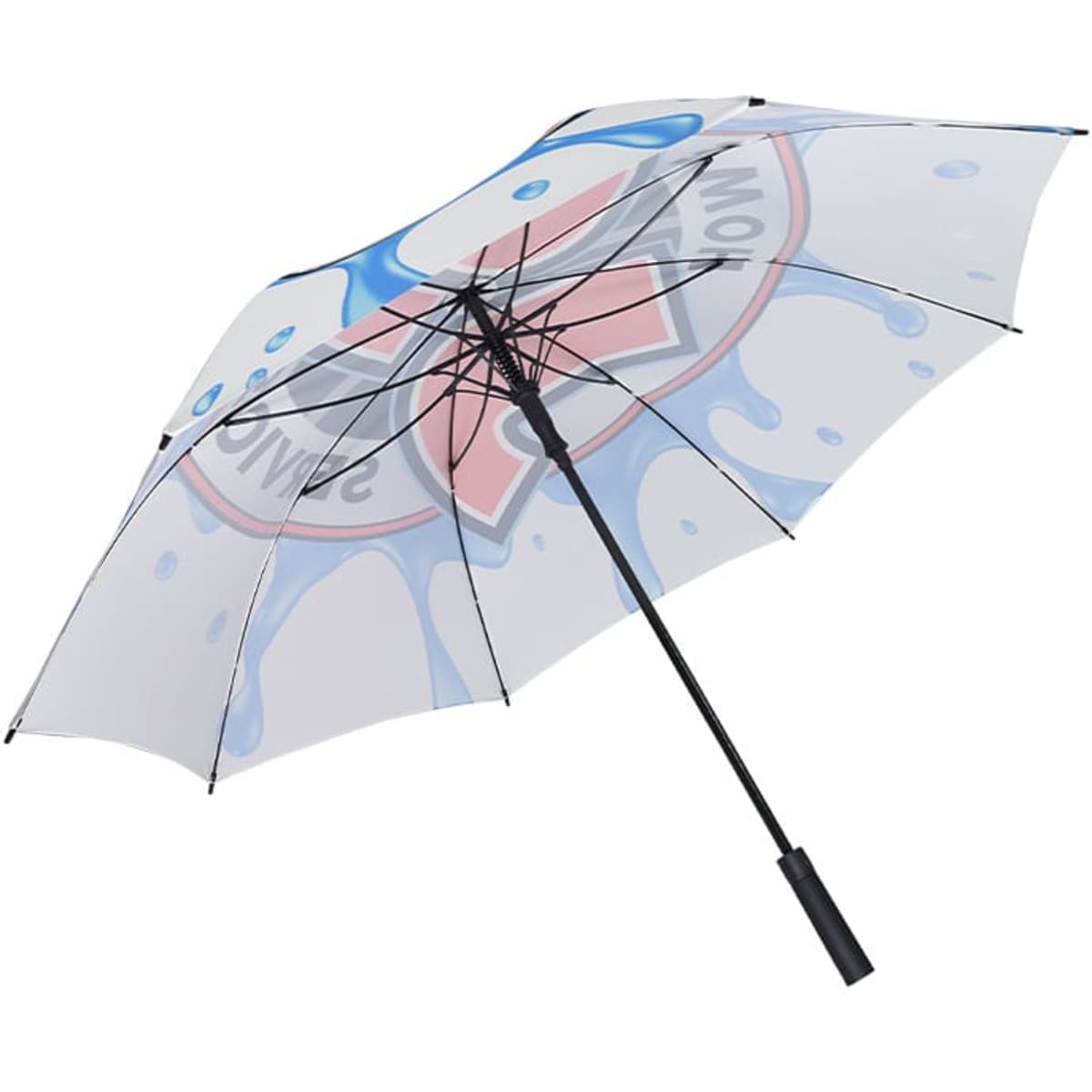 A full colour umbrella featuring a vibrant design with a logo and a black handle.