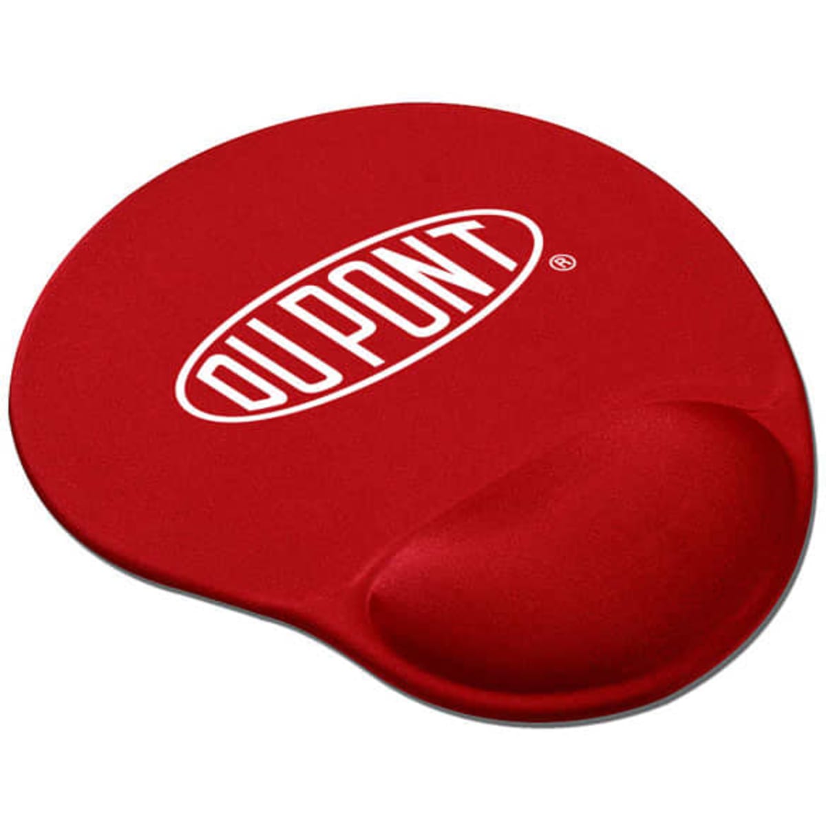 A red gel wrist mouse mat featuring a logo on the surface and a cushioned wrist support.