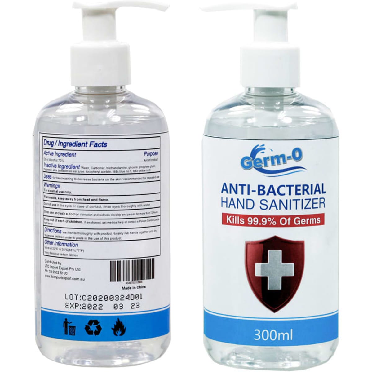 A transparent 300ml bottle of Germ-O antibacterial hand sanitiser with a pump top, featuring clear and blue accents.