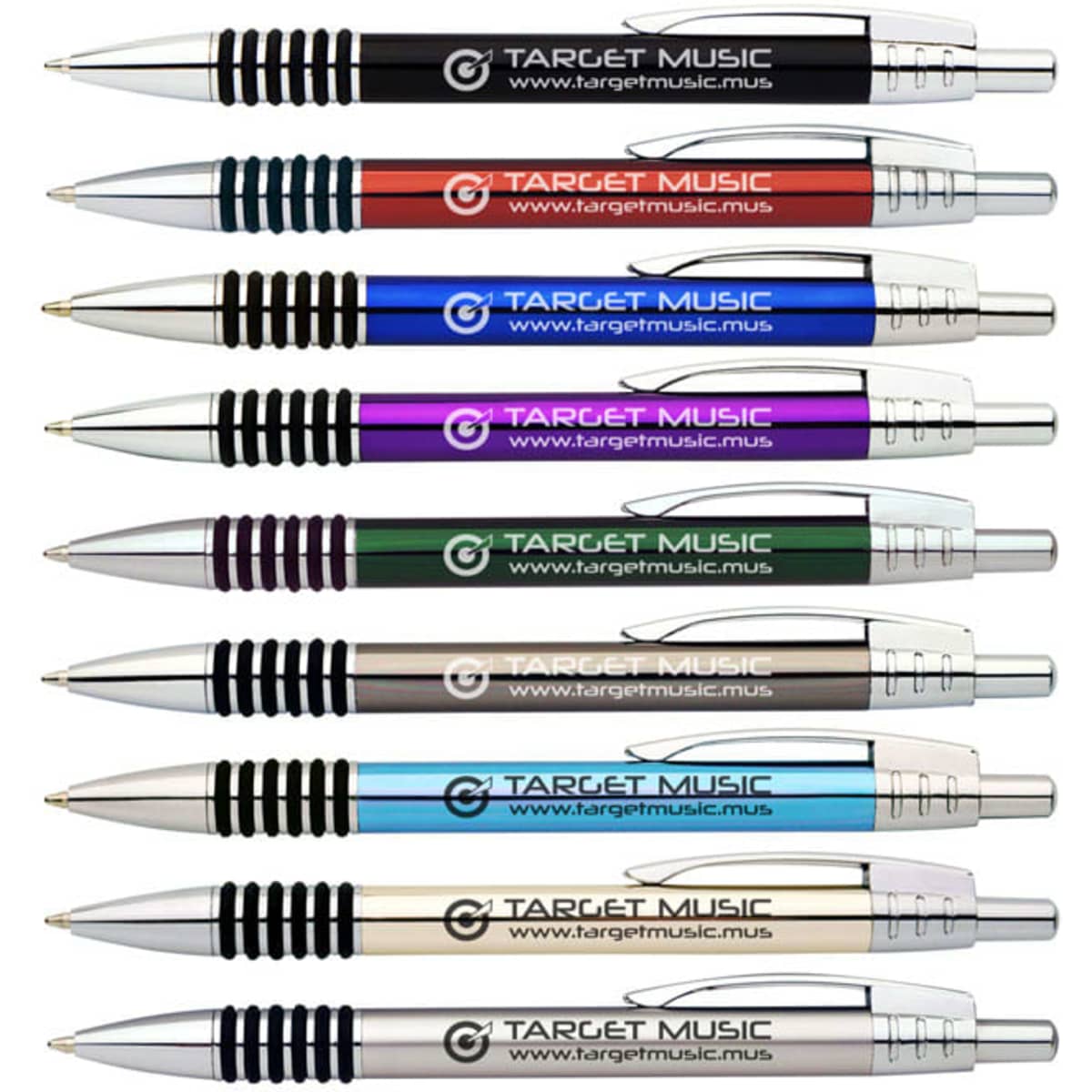 A set of metal pens in various colours, featuring silver, black, blue, purple, green, red, and teal, with a logo.