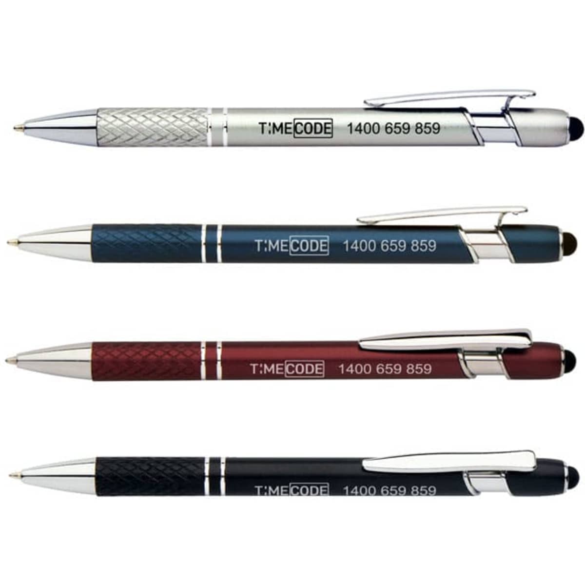 Aversa Stylus Pens in silver, blue, maroon, and black, featuring a textured grip and a branding logo.