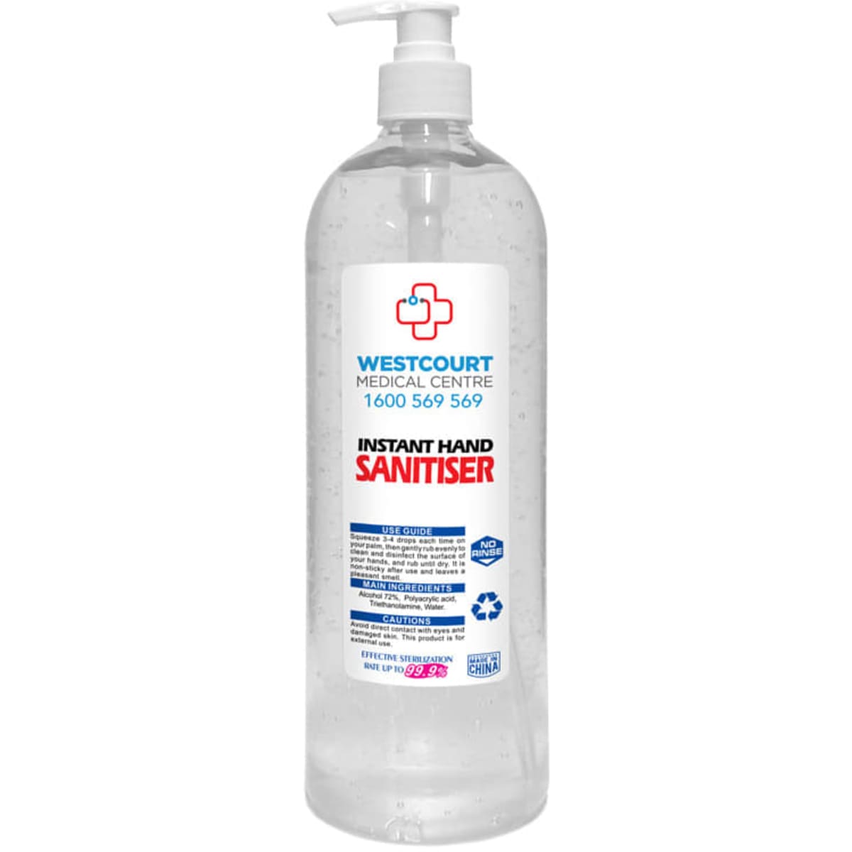 A clear plastic bottle of antibacterial hand sanitiser gel with a pump dispenser, featuring a label and logo.