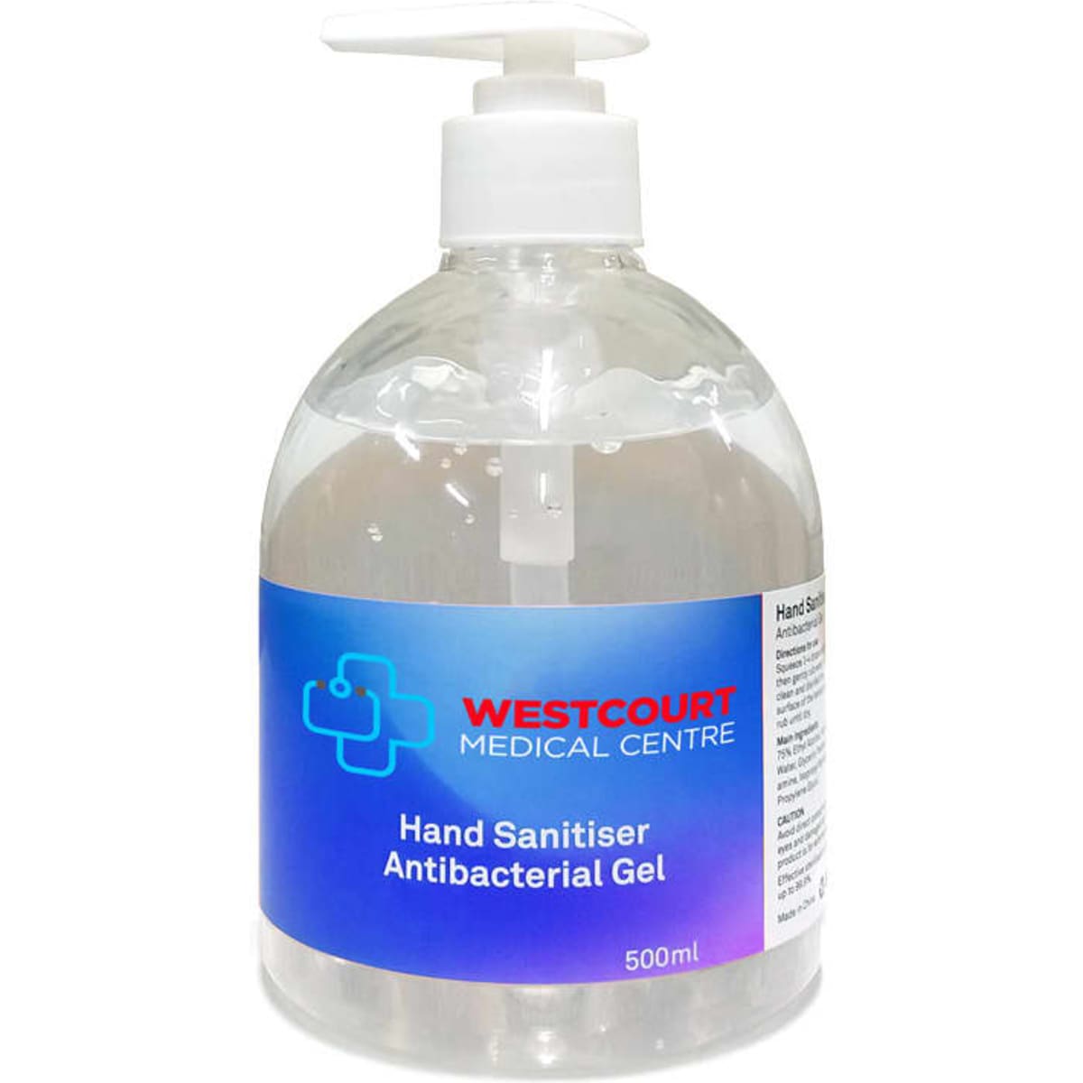 A clear, antibacterial gel in a 500ml pump bottle with a blue label and a logo.