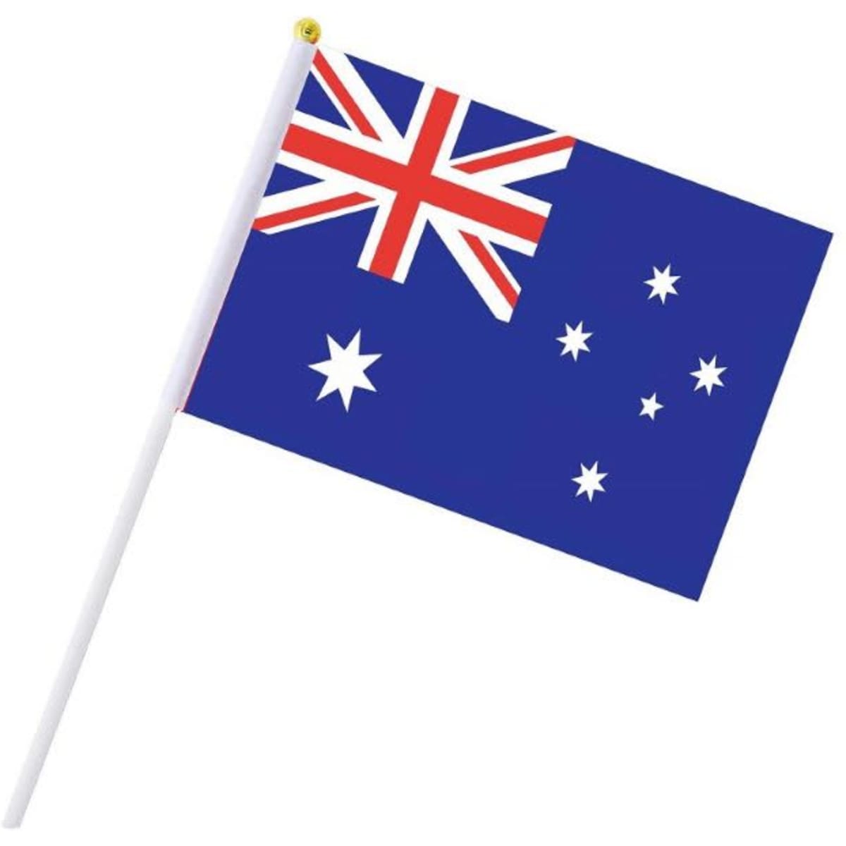 A hand flag featuring the Australian flag design, with a blue background, white stars, and a white pole.