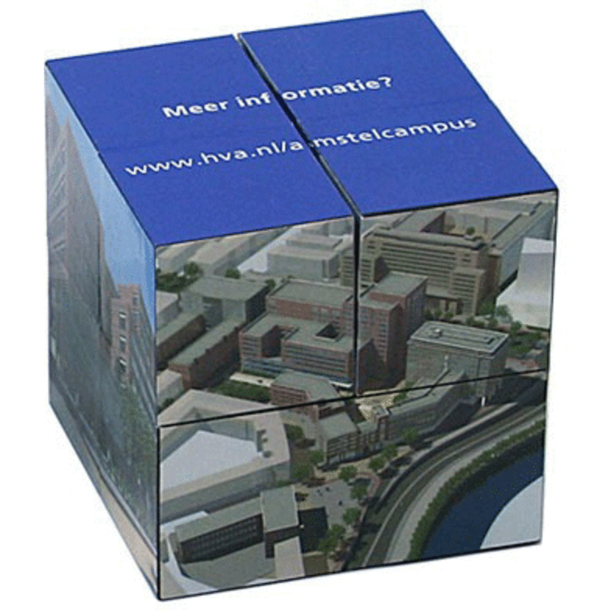A blue cube with images of a cityscape and a logo, featuring a promotional design.