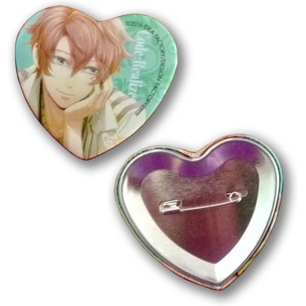 Heart-shaped button badge featuring a character design on one side and a metal pin back on the other. Predominantly pink and silver.