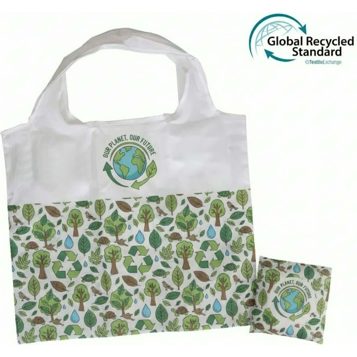 A foldable shopping bag in white and green features a nature-themed design and includes a small matching pouch for storage.