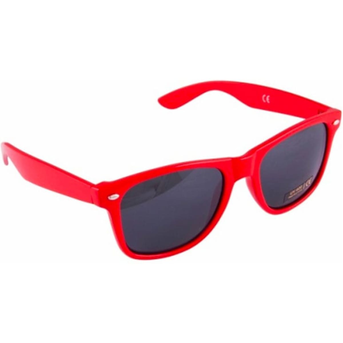 Red kids sunglasses with dark lenses and a simple design, featuring a logo on the arm. Suitable for outdoor activities.
