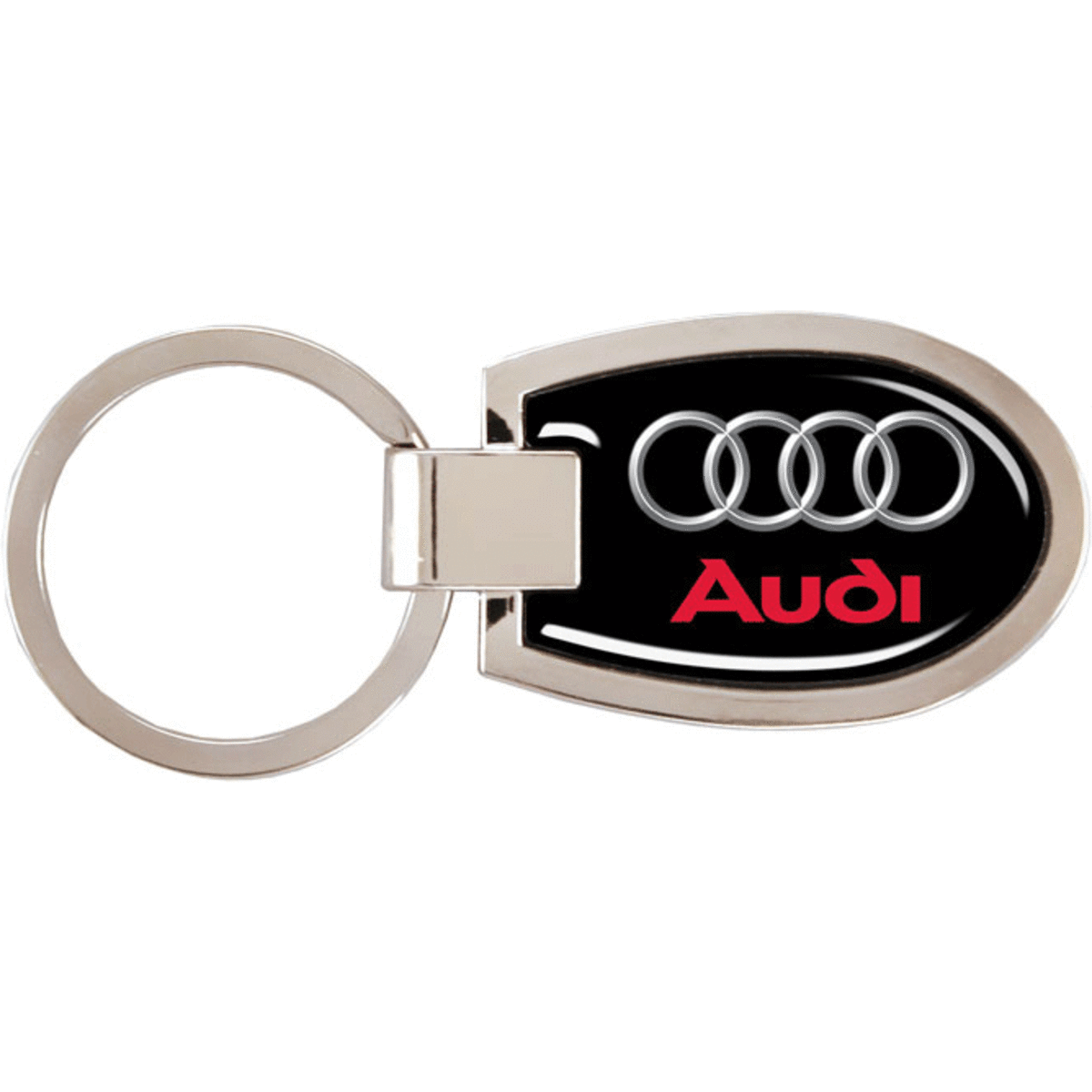A metal keyring in silver featuring a black oval design with a logo.