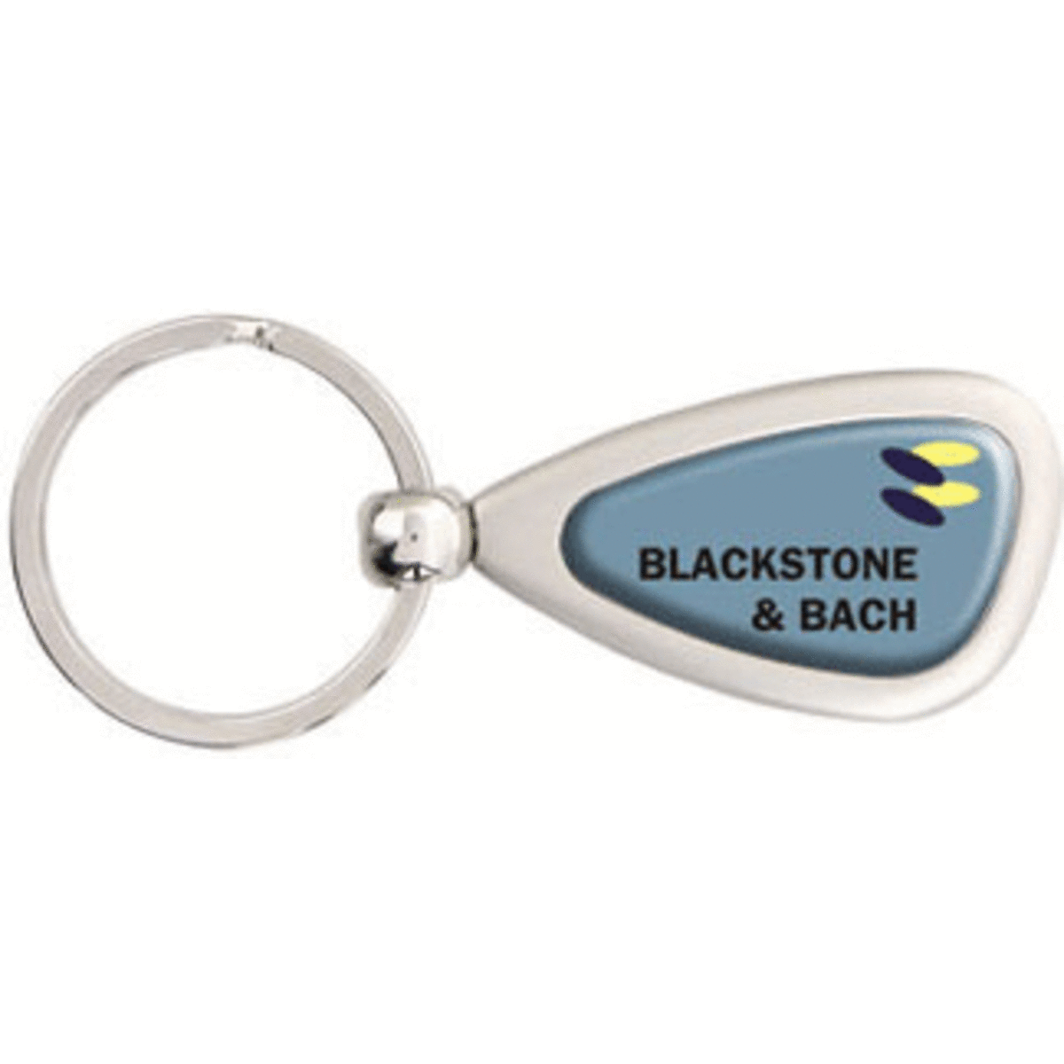 A silver keyring with a teardrop shape, featuring a blue insert and a logo.