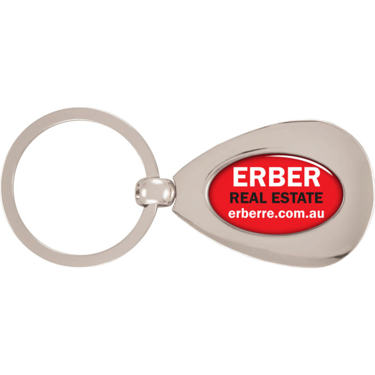 A silver metal keyring with an oval shape and a red logo. It features a keyring attachment for convenience.