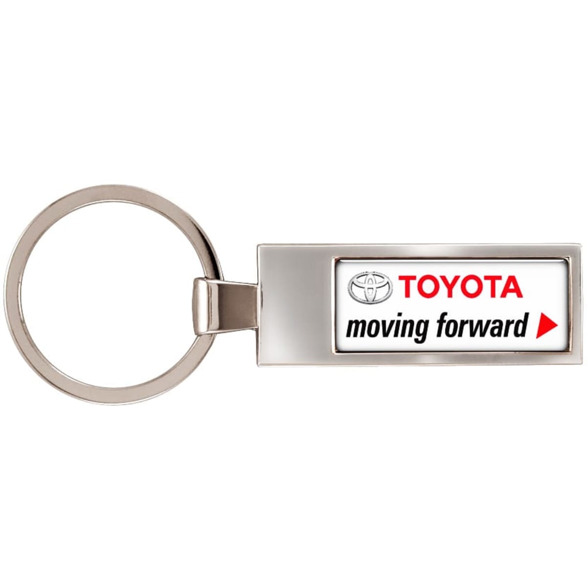 A metal keyring with a silver finish features a rectangular design and a logo. It has a circular keyring attachment.