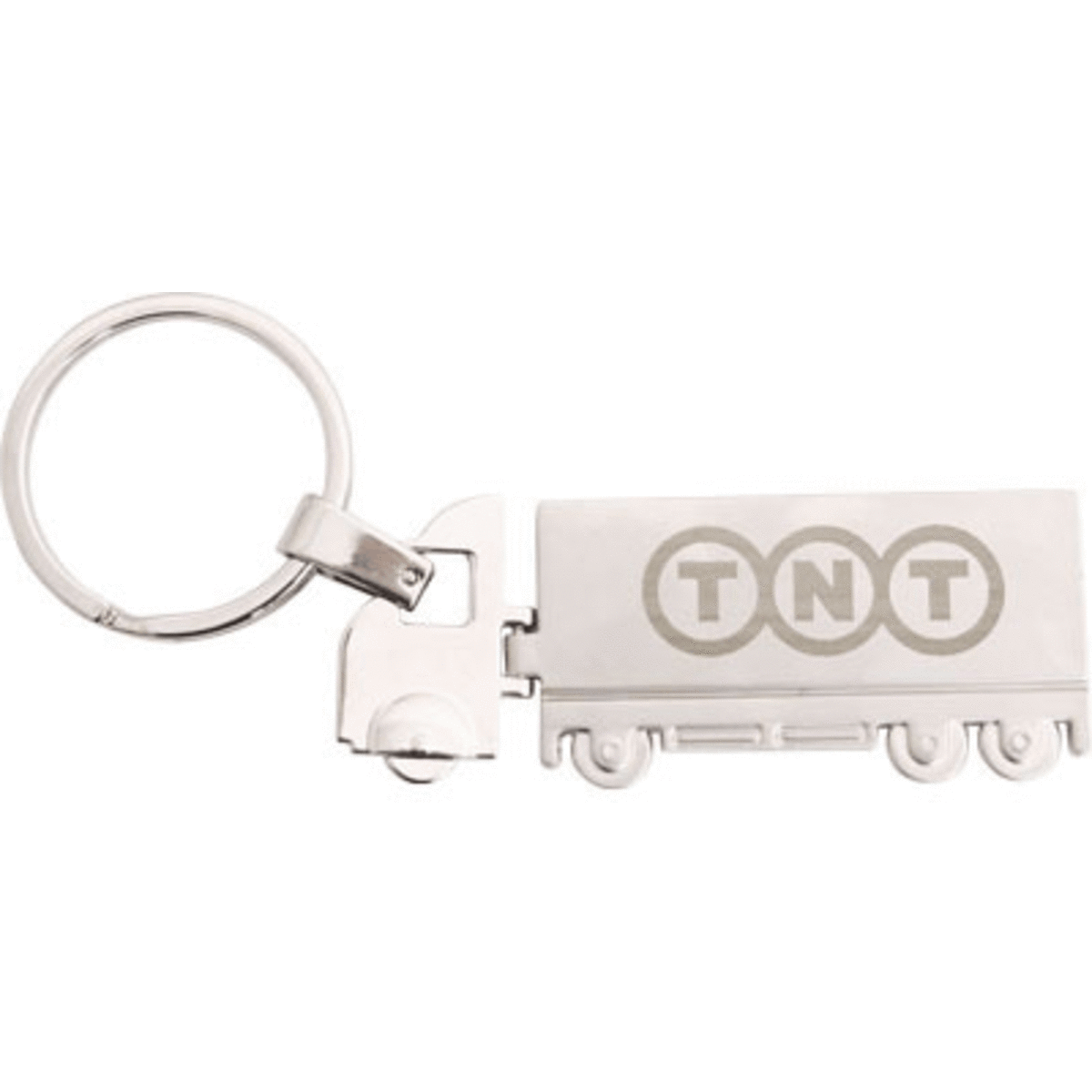 A metal keyring in the shape of a truck, featuring a silver finish and a logo.