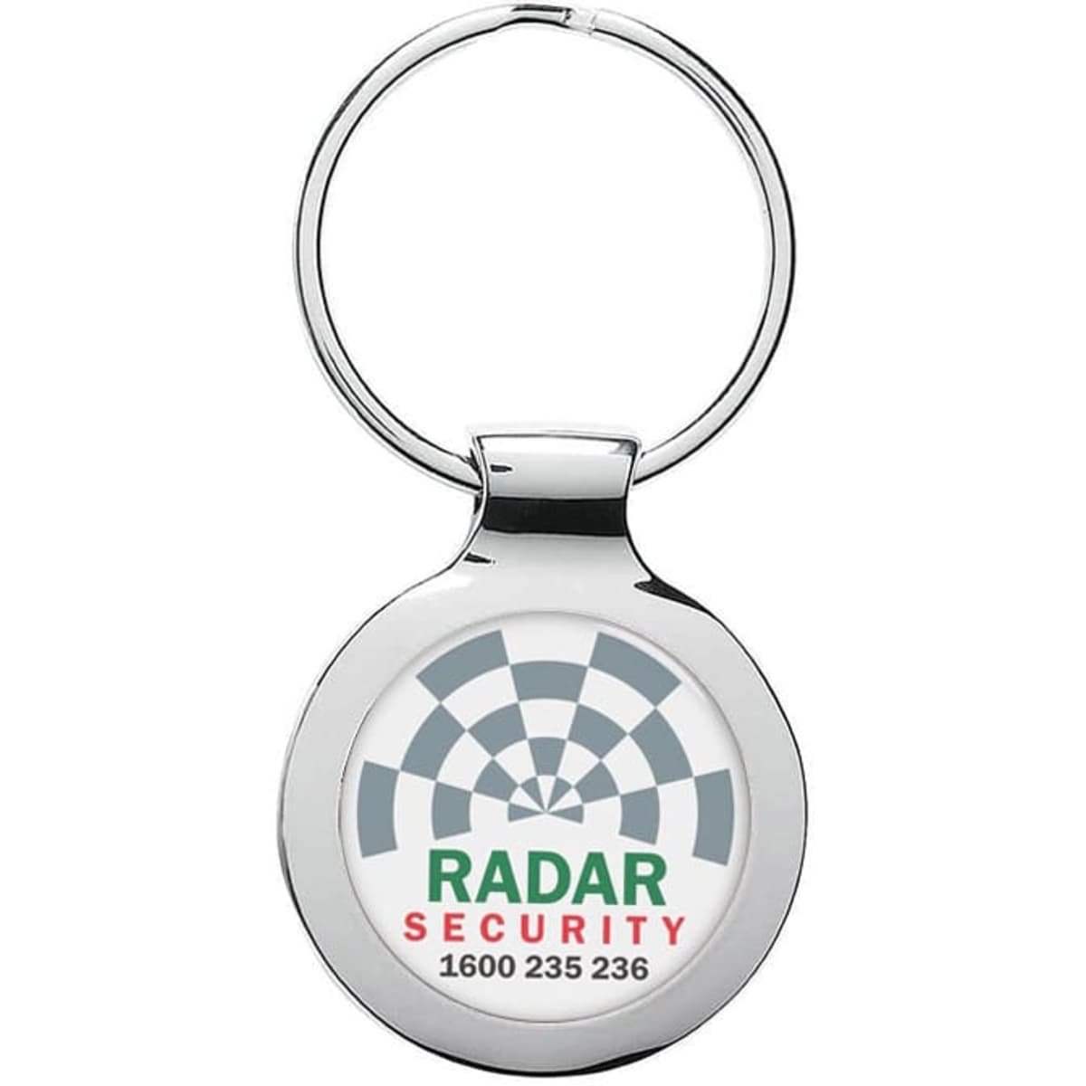 A silver metal keyring with a circular design and an embedded logo.