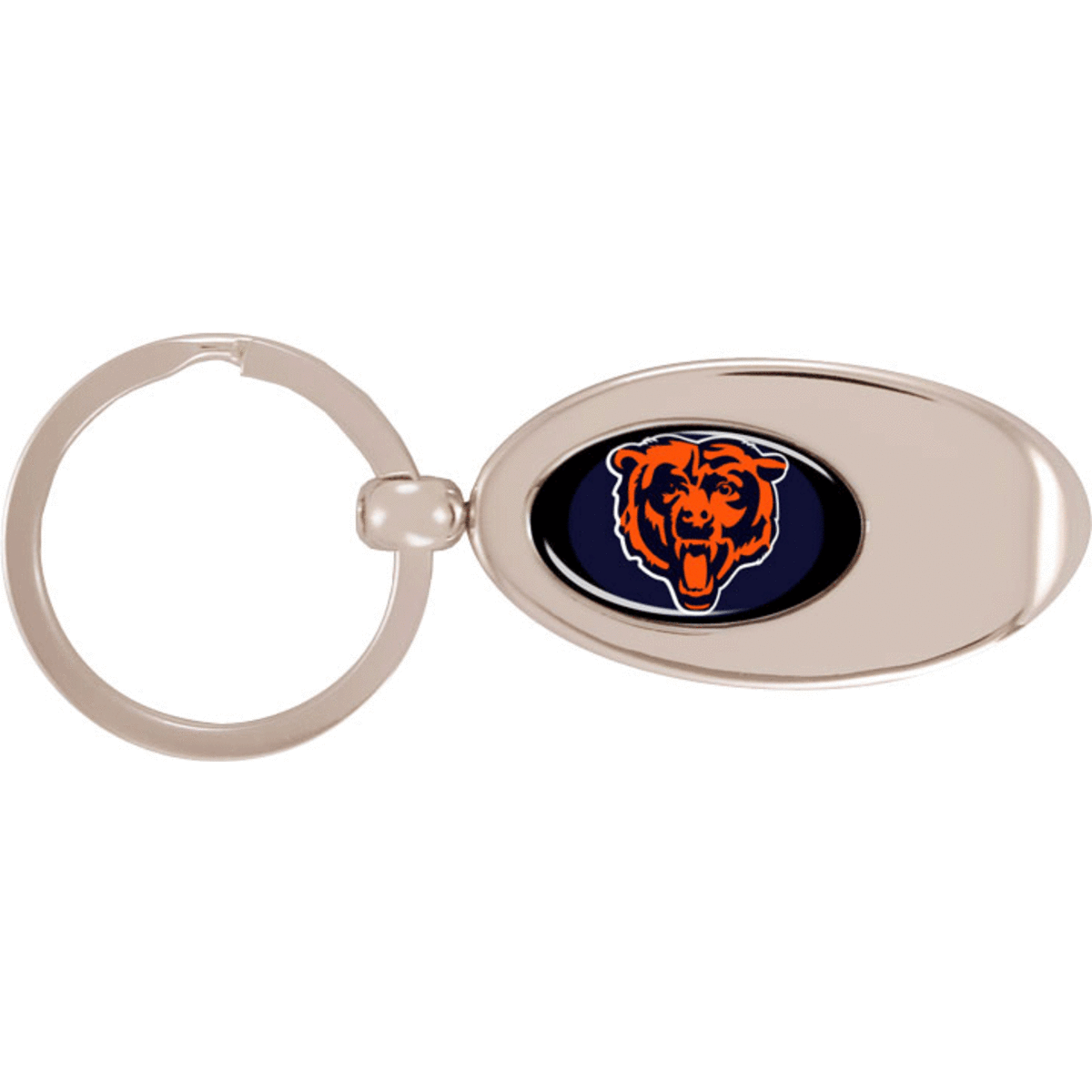 A drink bottle opener in silver with an oval design featuring a logo in navy and orange.