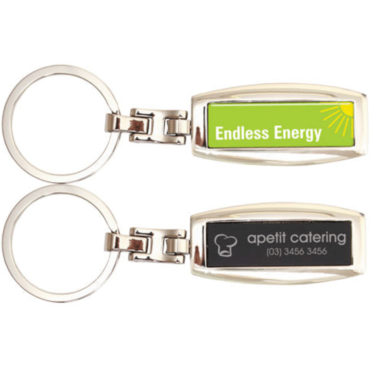A metal keyring with a silver finish, featuring a green side with logo and a black side for branding.