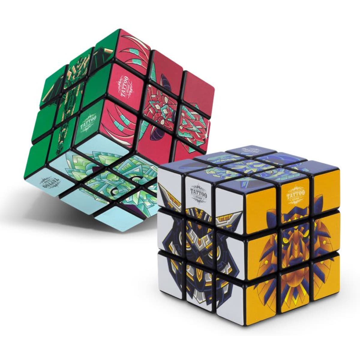 A colourful puzzle cube featuring various intricate designs in green, red, blue, and yellow, with a logo present.