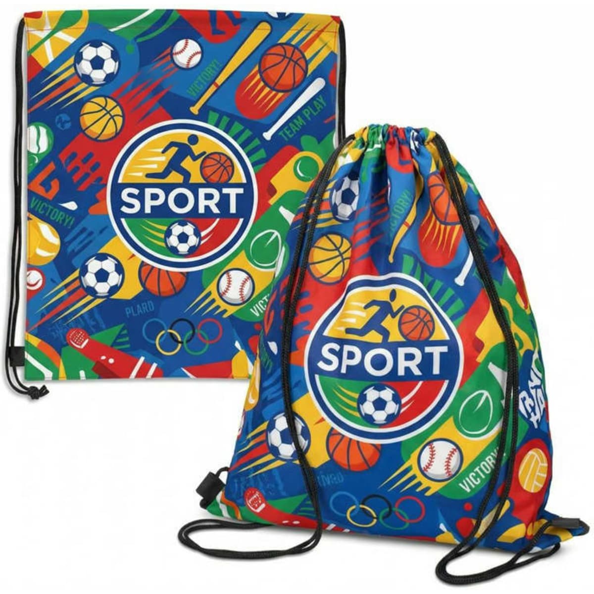 A large drawstring bag featuring a vibrant design with various sports icons in blue, red, yellow, and green.