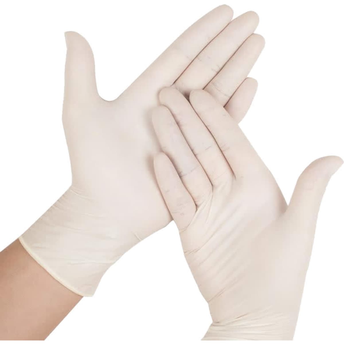 Latex powder-free disposable gloves in a light beige colour, displayed on two hands.