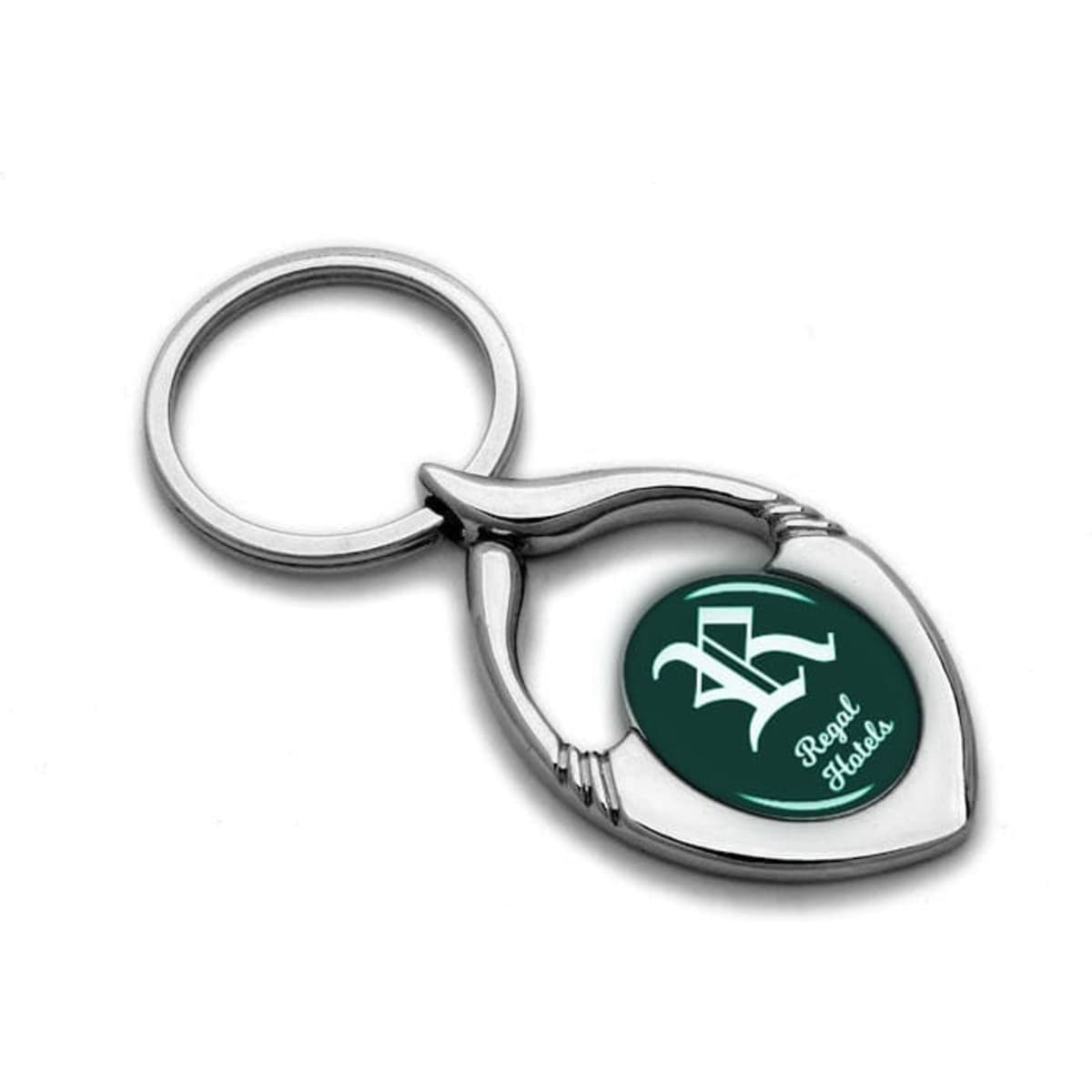 A silver metal keyring shaped like a leaf with a green circular insert featuring a logo.