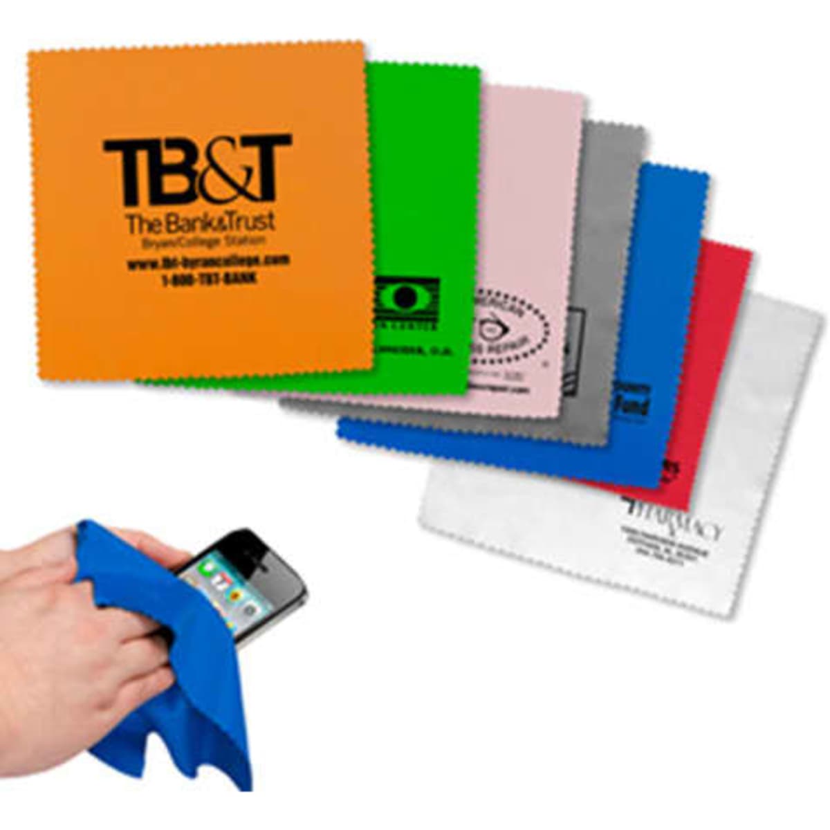 A set of microfibre lens cloths in various colours, featuring a logo, ideal for cleaning phone screens and technology.