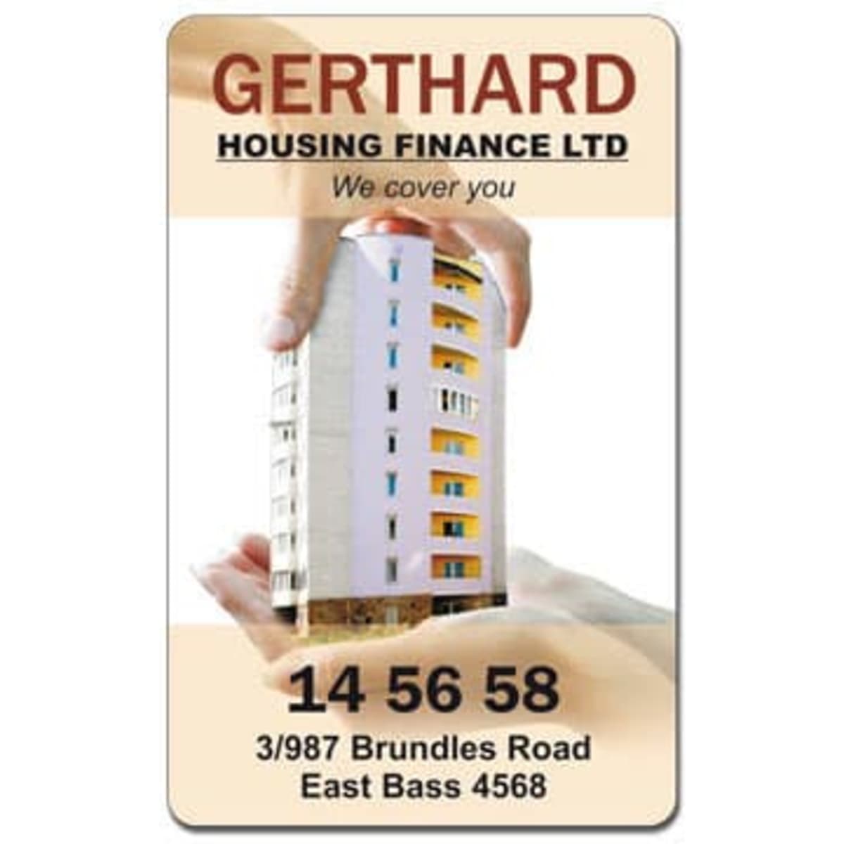 A rounded corner magnet featuring a building graphic, with a logo and contact details. Predominantly light colours.