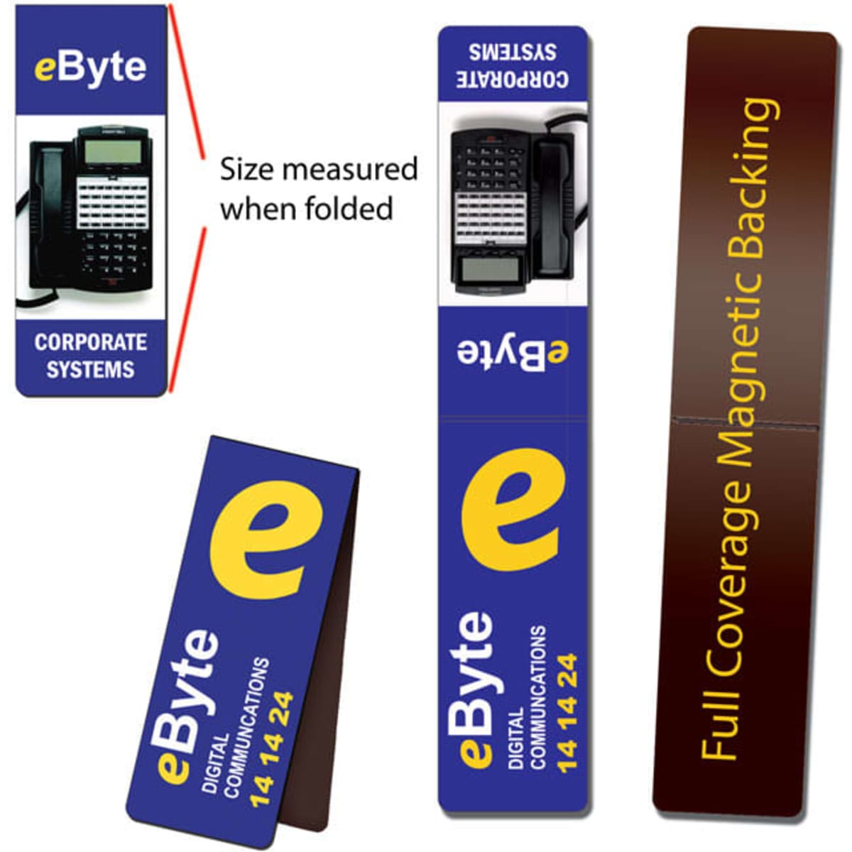 Three magnetic bookmarks in navy blue, featuring a logo and a description of their size and magnetic backing.