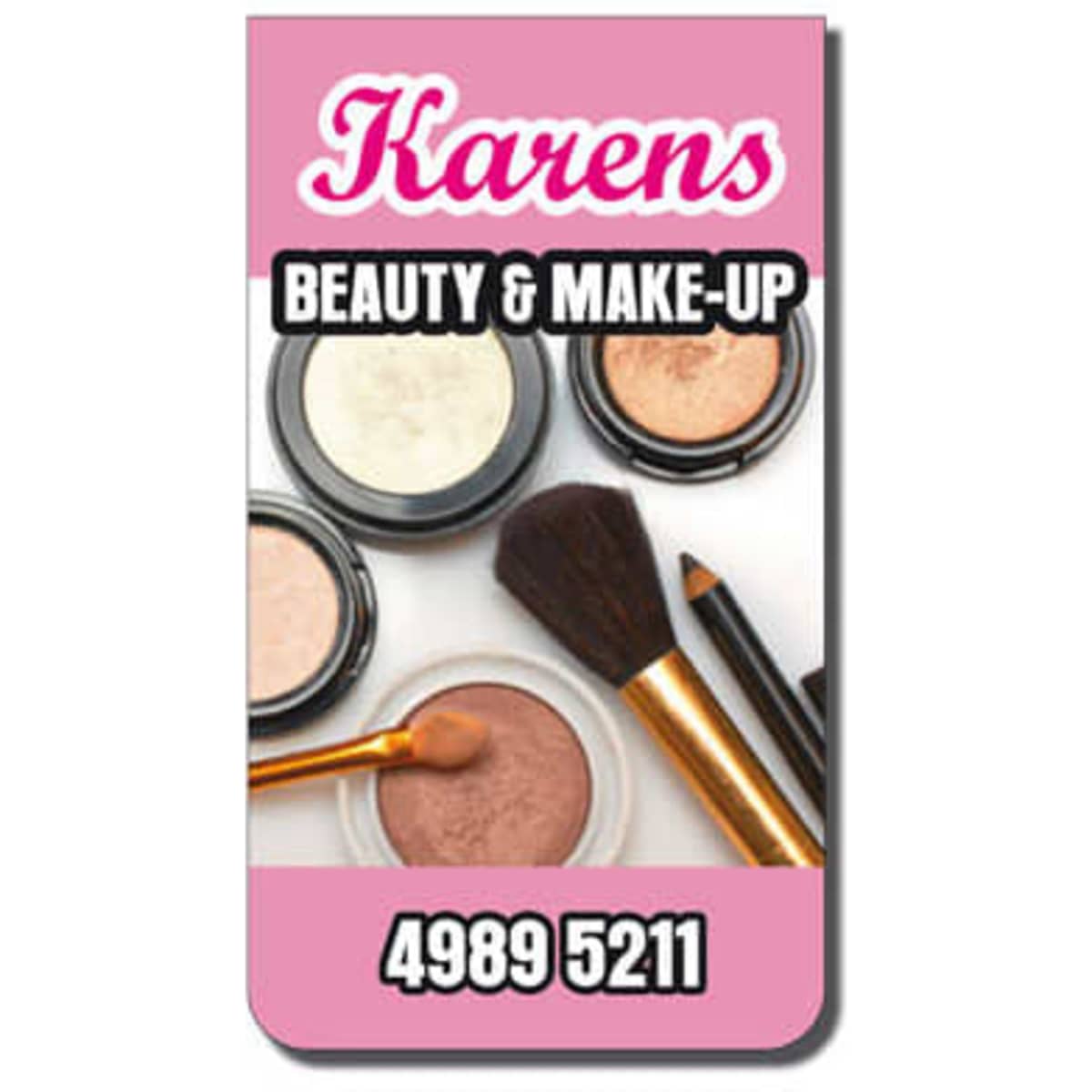 A promotional bookmark with a pink background, featuring makeup products and tools, along with a logo.