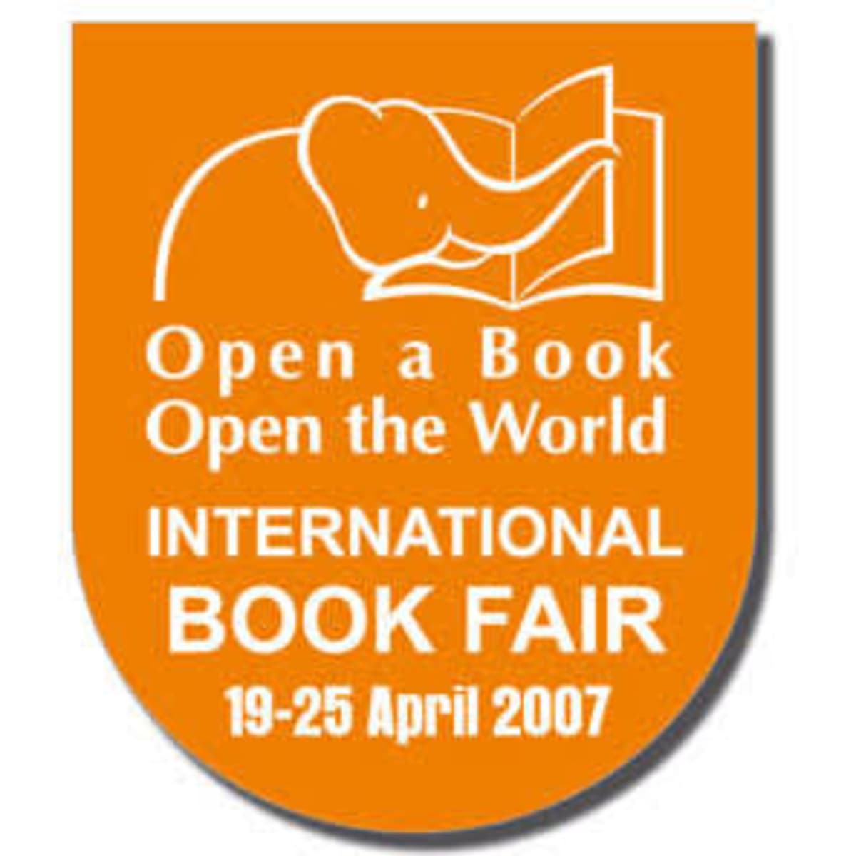 An orange promotional badge featuring an elephant and an open book design, with a logo included.