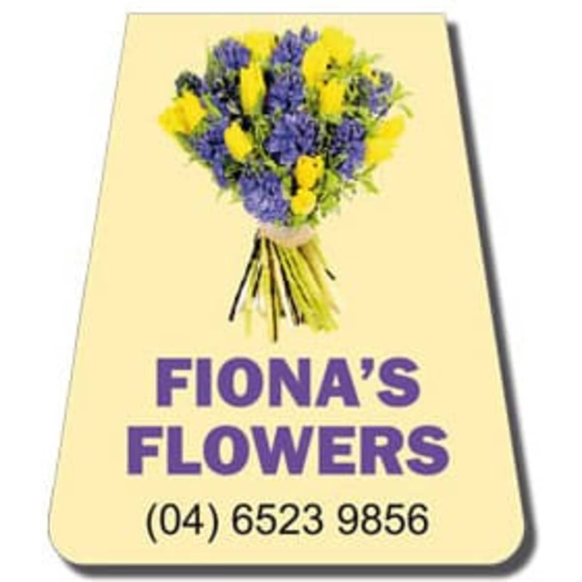 A floral-shaped magnetic bookmark in yellow featuring a bouquet of flowers, with a logo and contact details.